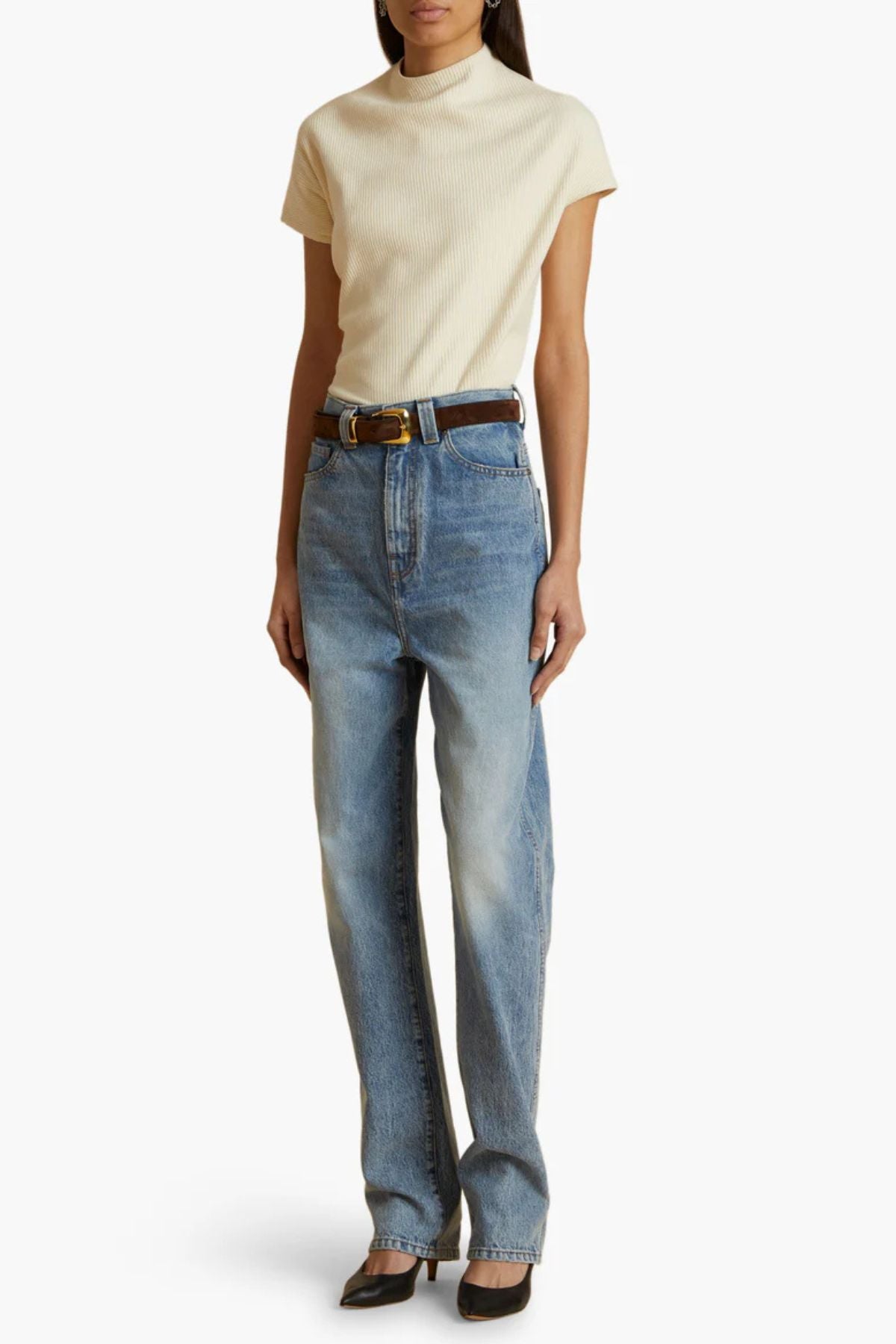 KHAITE Benny Belt Suede Gold Buckle- Coffee