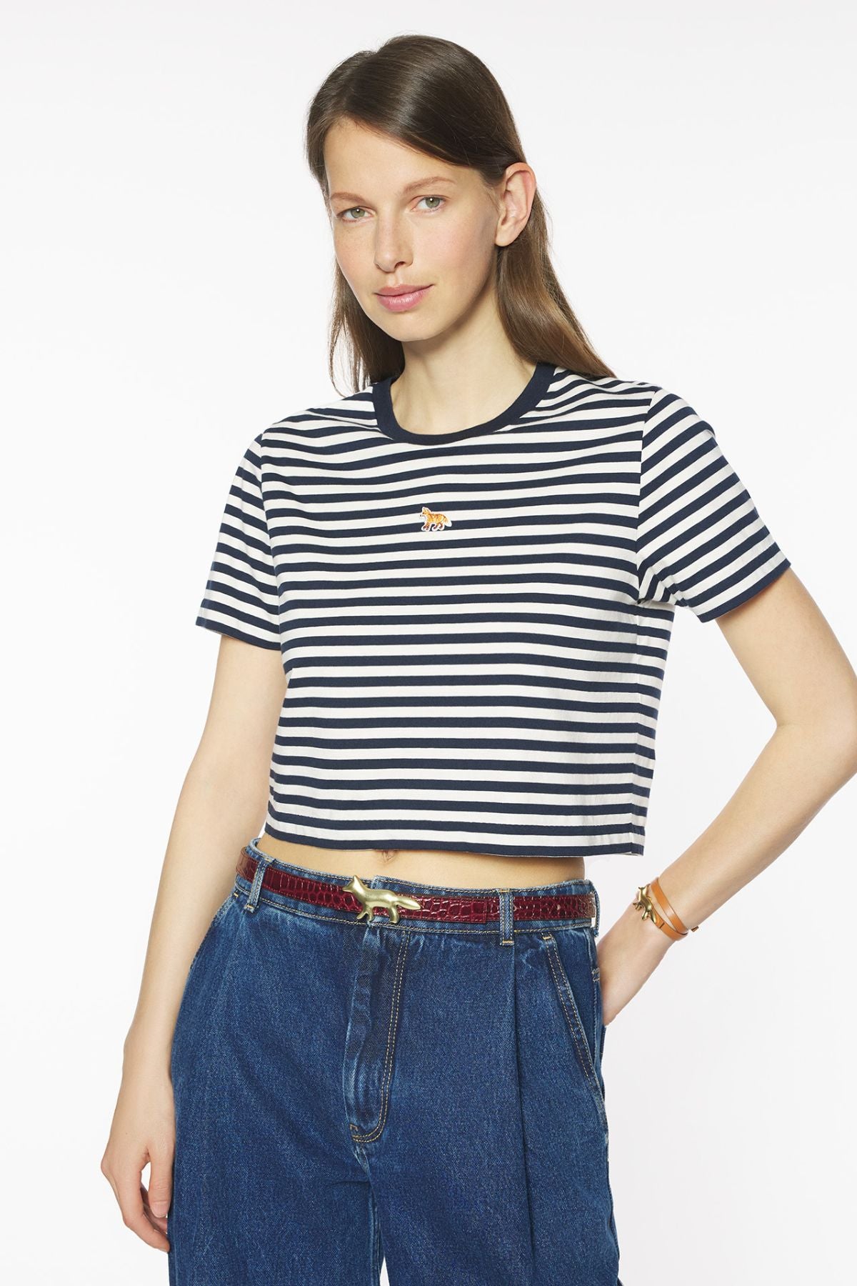 Maison Kitsuné Baby Fox Striped Baby Tee - Dark Navy/ Parchment