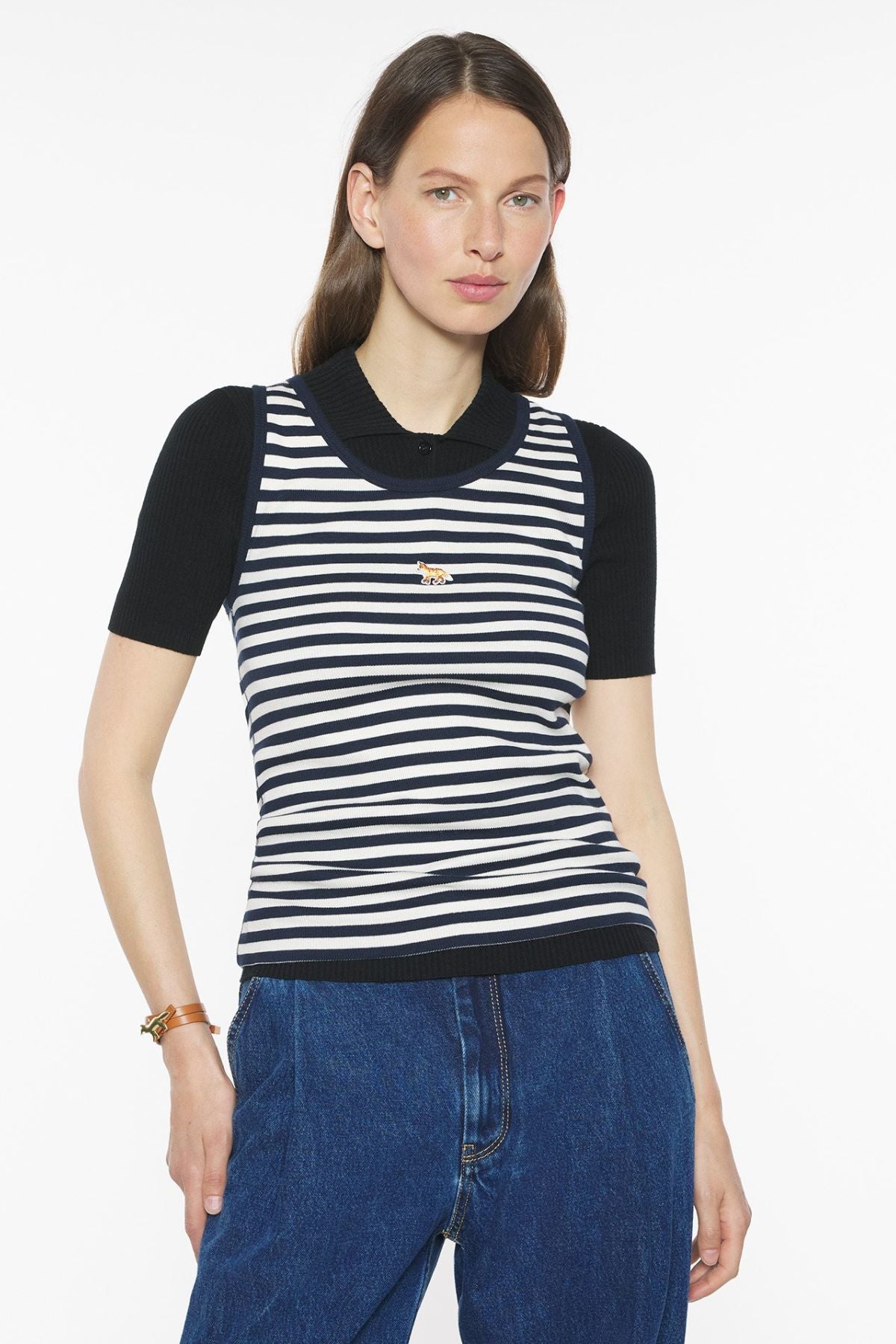 Maison Kitsuné Baby Fox Striped Tank Top - Dark Navy/ Parchment