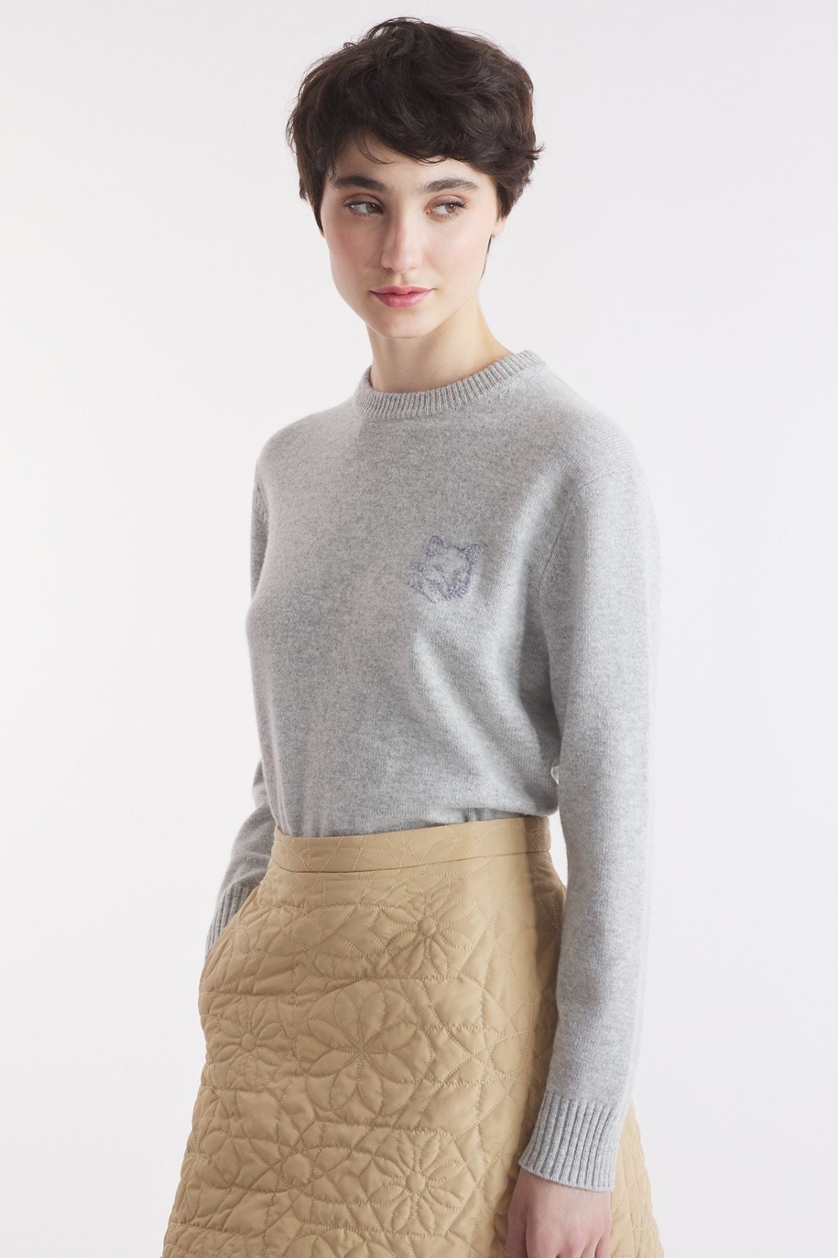 Maison Kitsuné Bold Fox Head Embroidered Cropped Jumper - Light Grey Melange