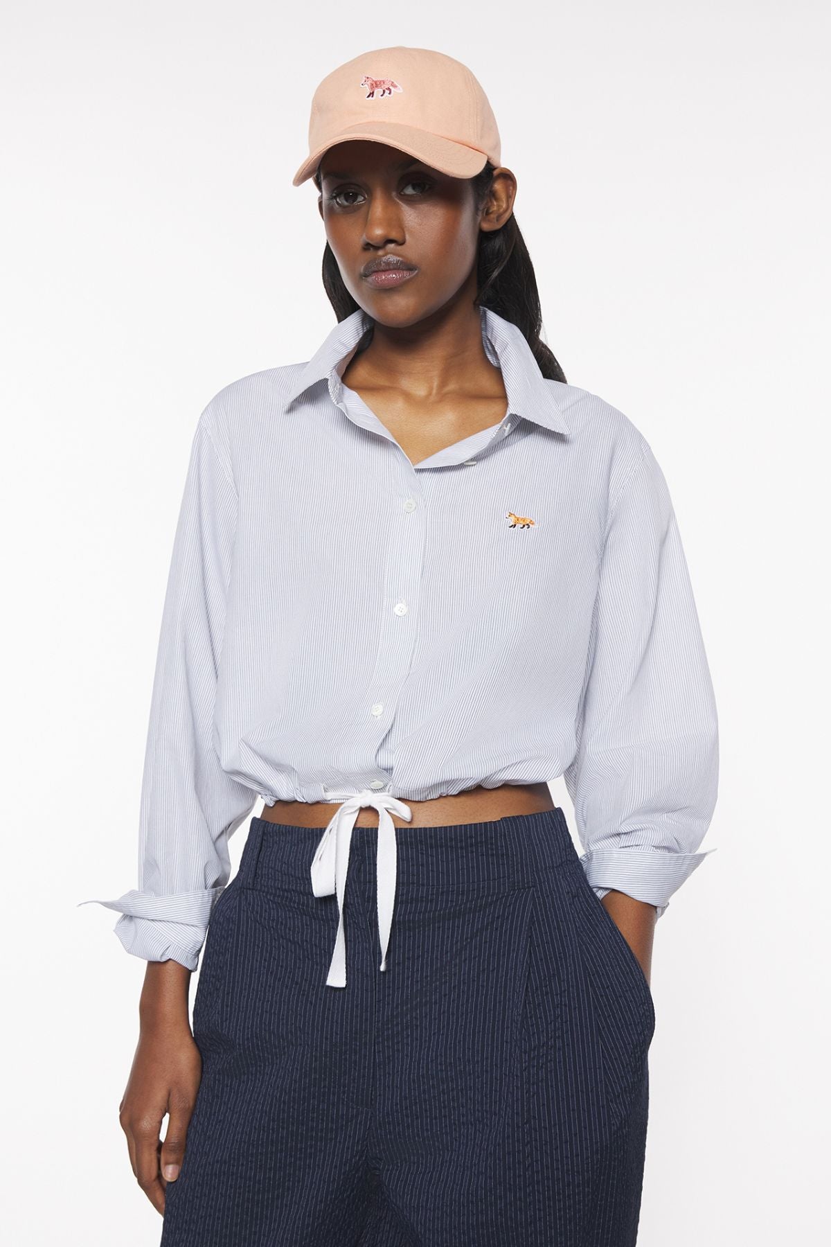 Maison Kitsuné Drawstring Cropped Shirt - White/ Black Stripe