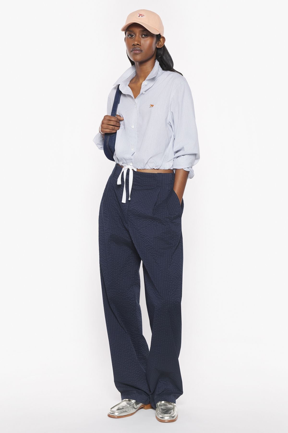 Maison Kitsuné Drawstring Cropped Shirt - White/ Black Stripe