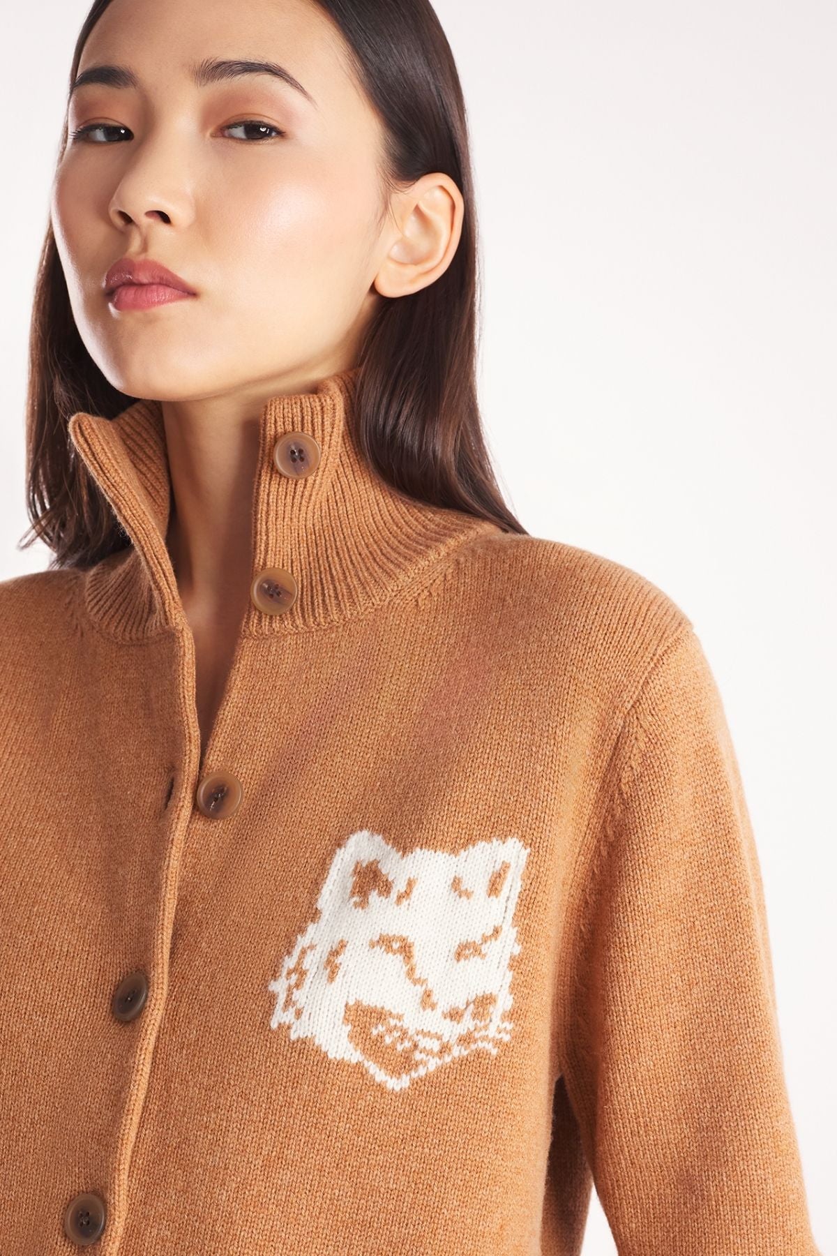 Maison Kitsuné Fox Head Intarsia High Neck Cardigan - Sequoia