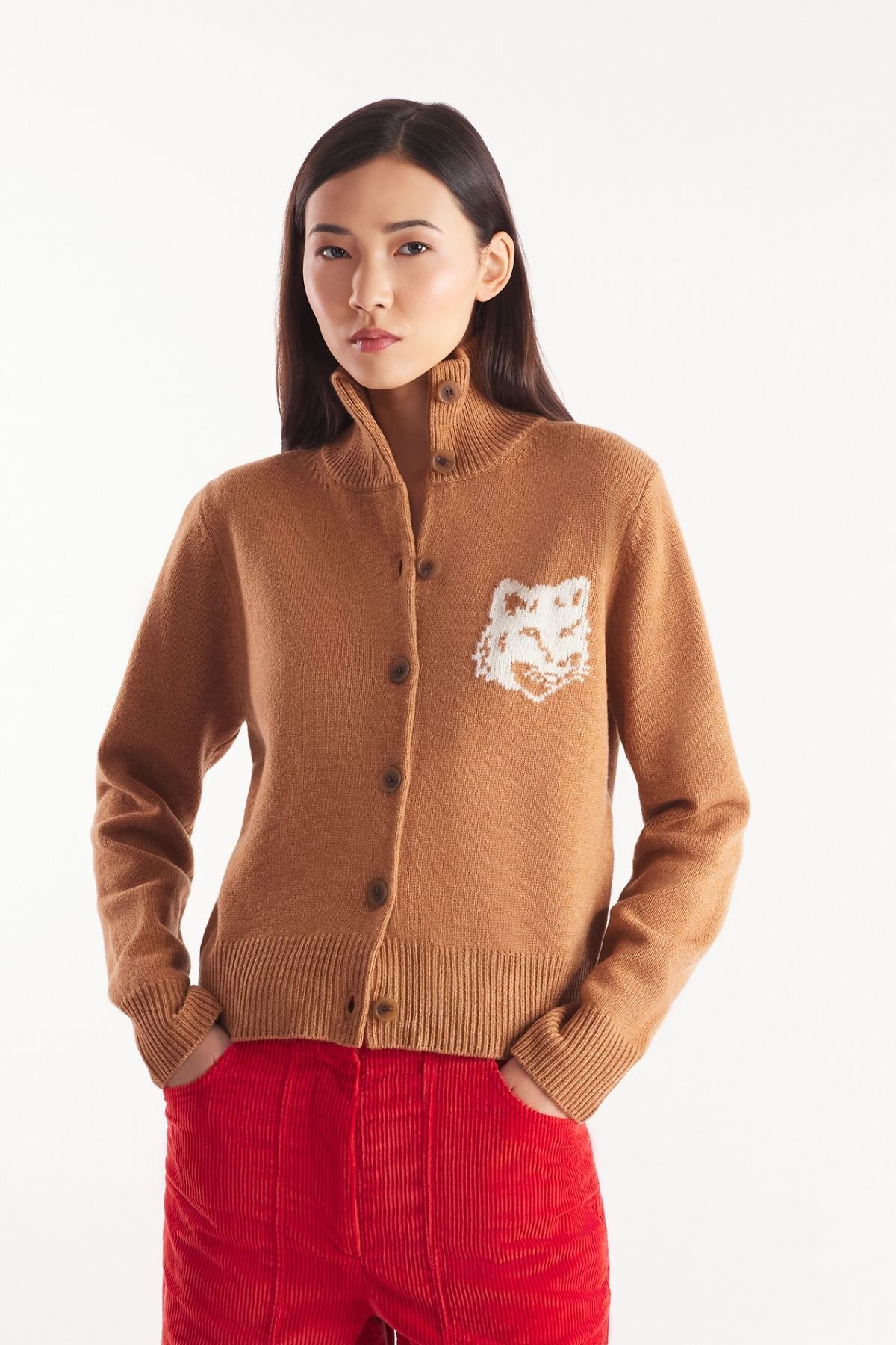 Maison Kitsuné Fox Head Intarsia High Neck Cardigan - Sequoia