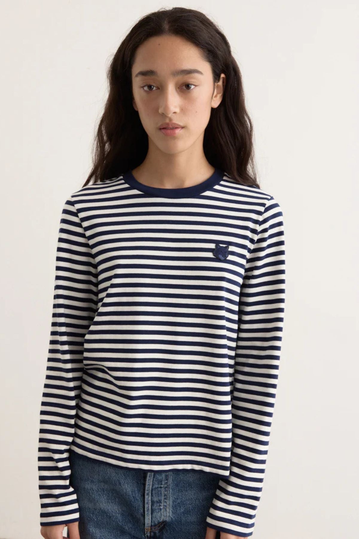 Maison Kitsuné Fox Head Striped LS T-Shirt - Navy/ Milk