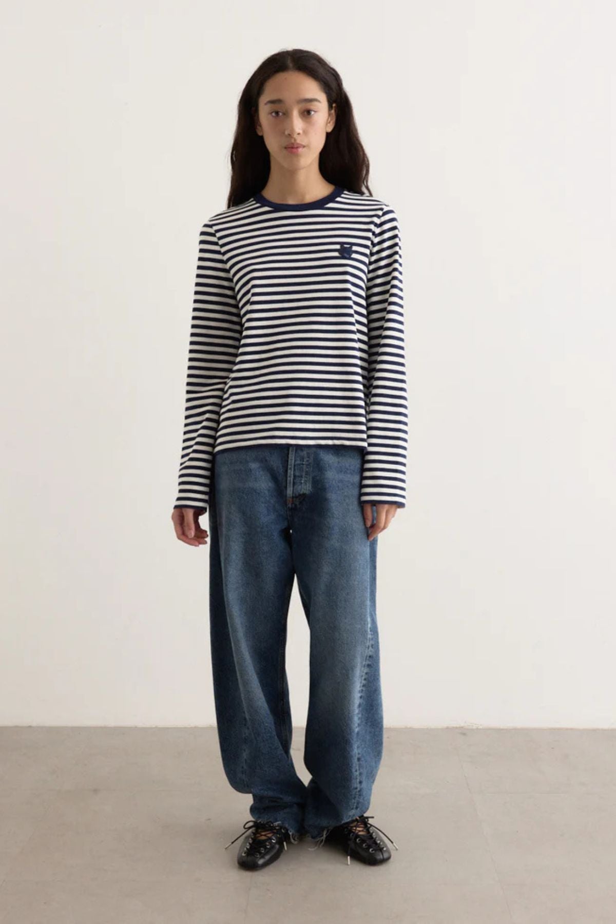 Maison Kitsuné Fox Head Striped LS T-Shirt - Navy/ Milk