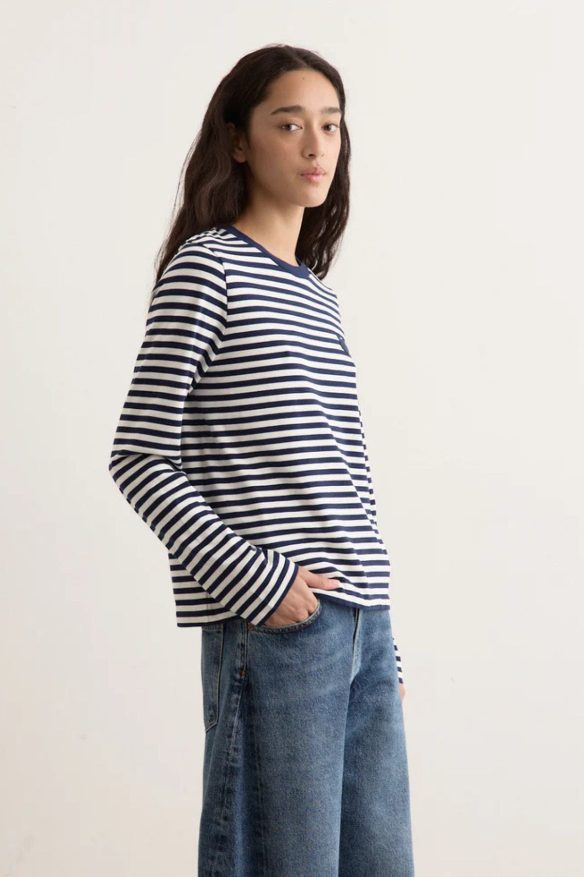 Maison Kitsuné Fox Head Striped LS T-Shirt - Navy/ Milk