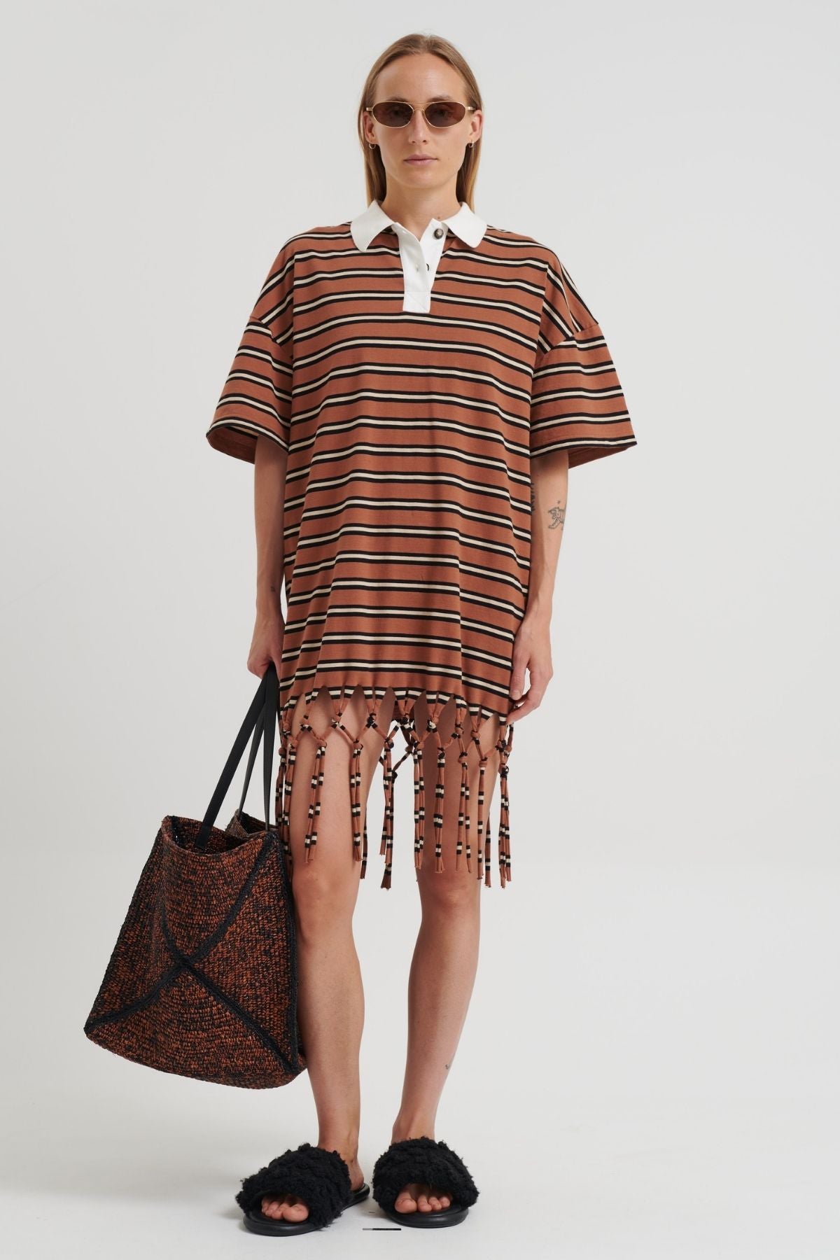 Nanushka Benigna Tassled Dress - Tan/ White/ Black