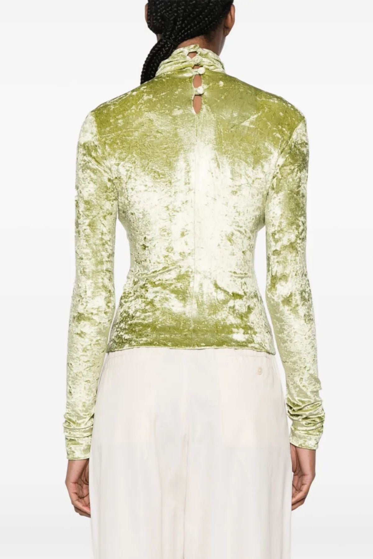 Nanushka Iride Twist-Front Crushed Velvet Top - Sage