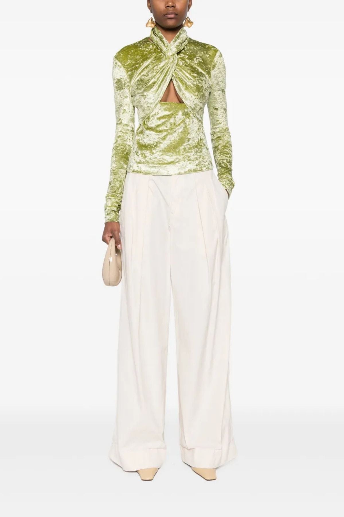 Nanushka Iride Twist-Front Crushed Velvet Top - Sage