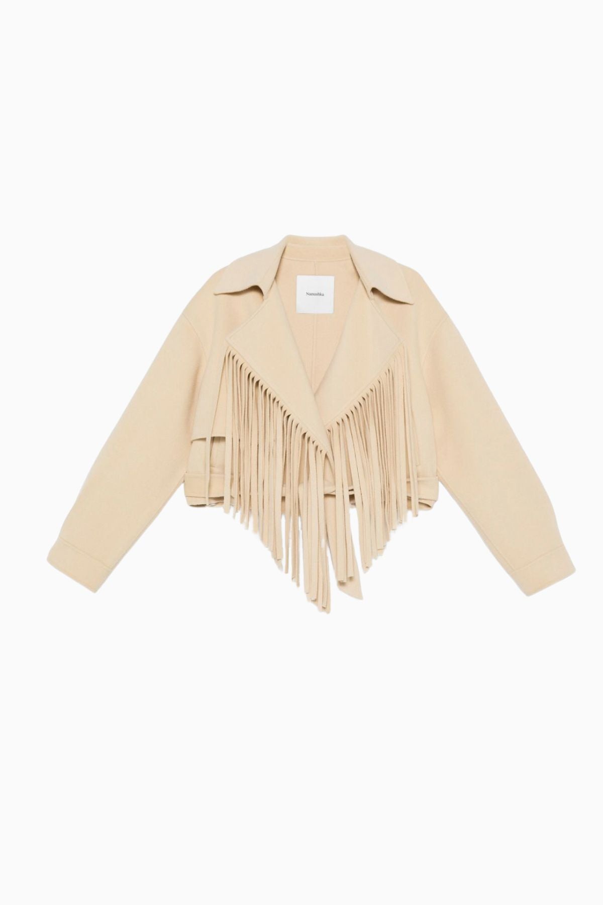 Nanushka Ticia Short Fringed Wool Silk Jacket Creme