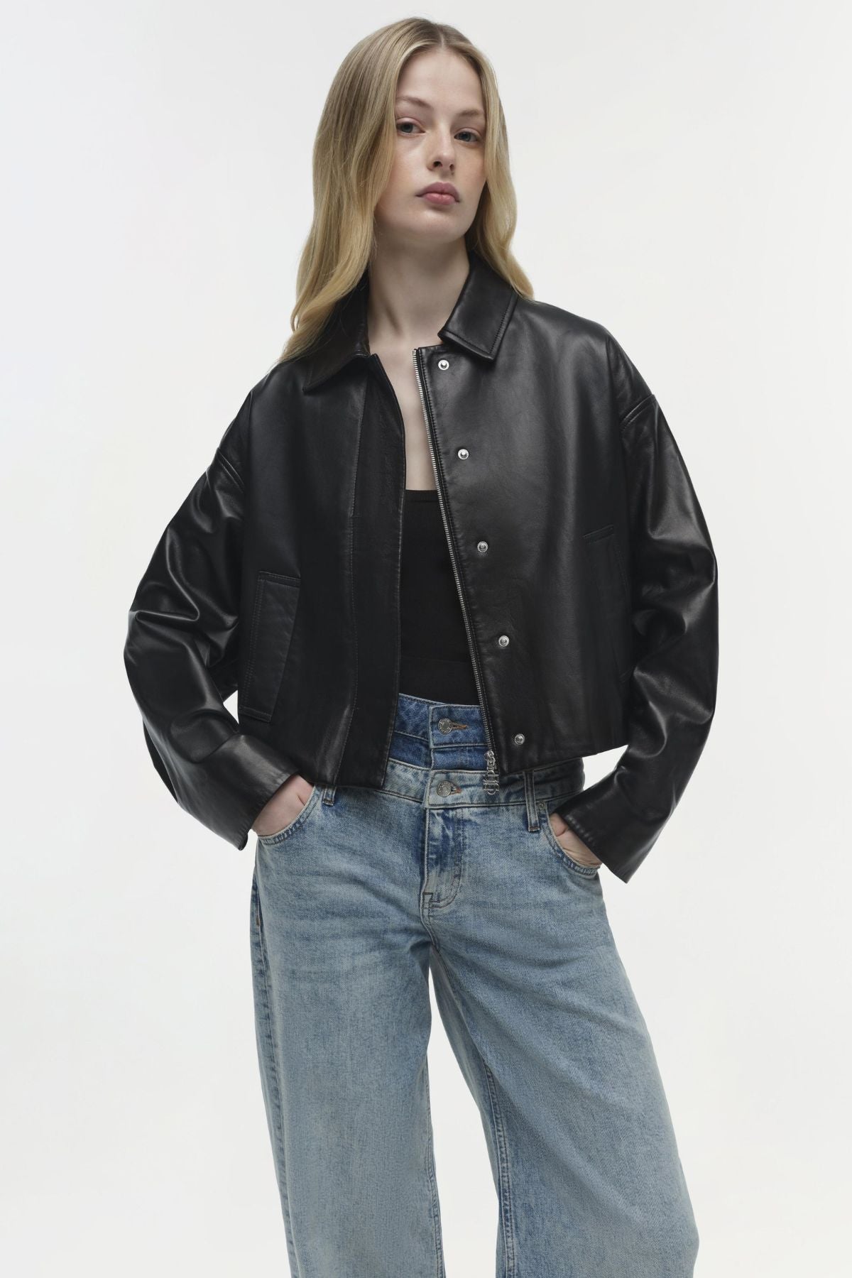 Simkhai Everli Cropped Leather Jacket - Black