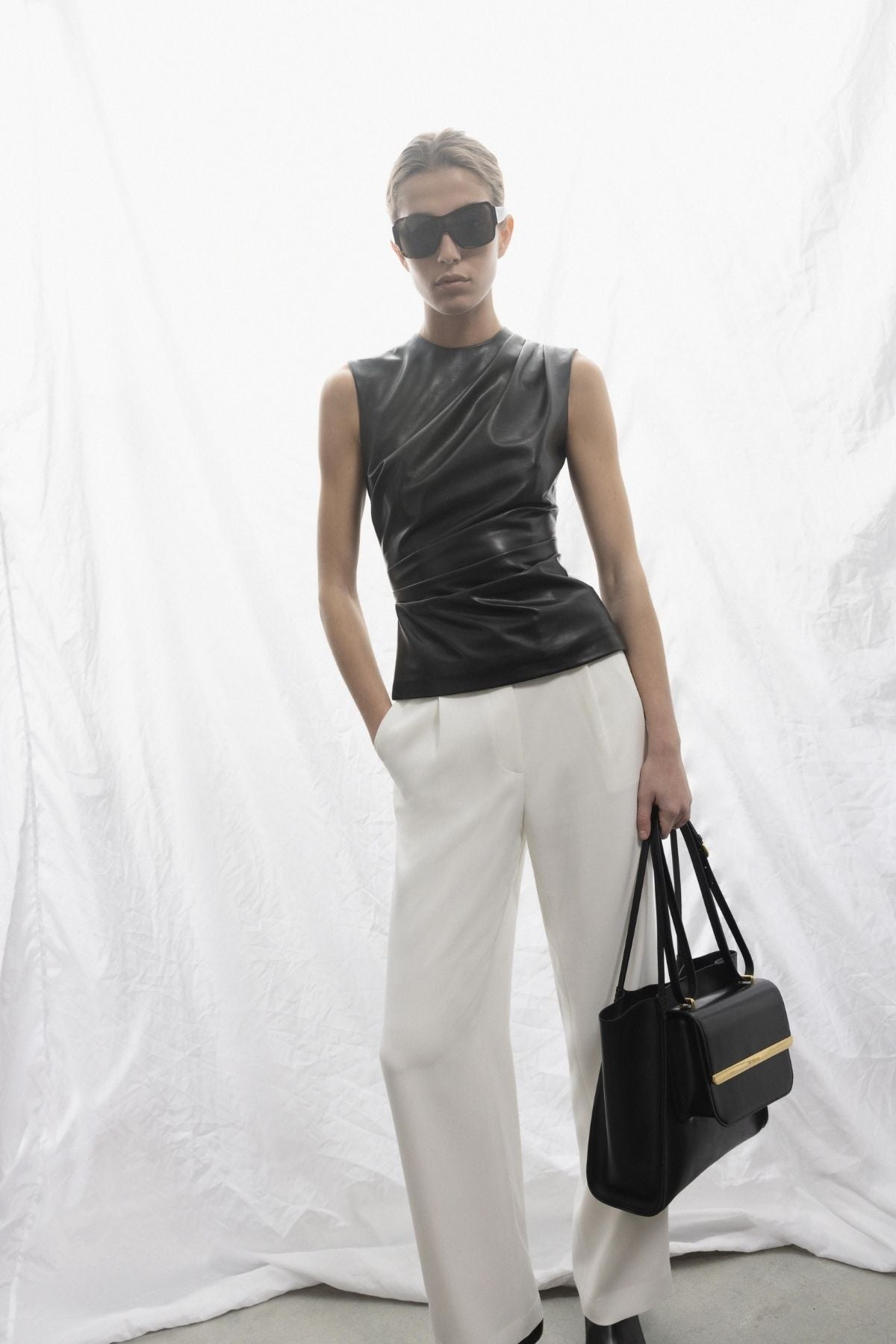 Simkhai Wynter Short Sleeve Draped Top - Black