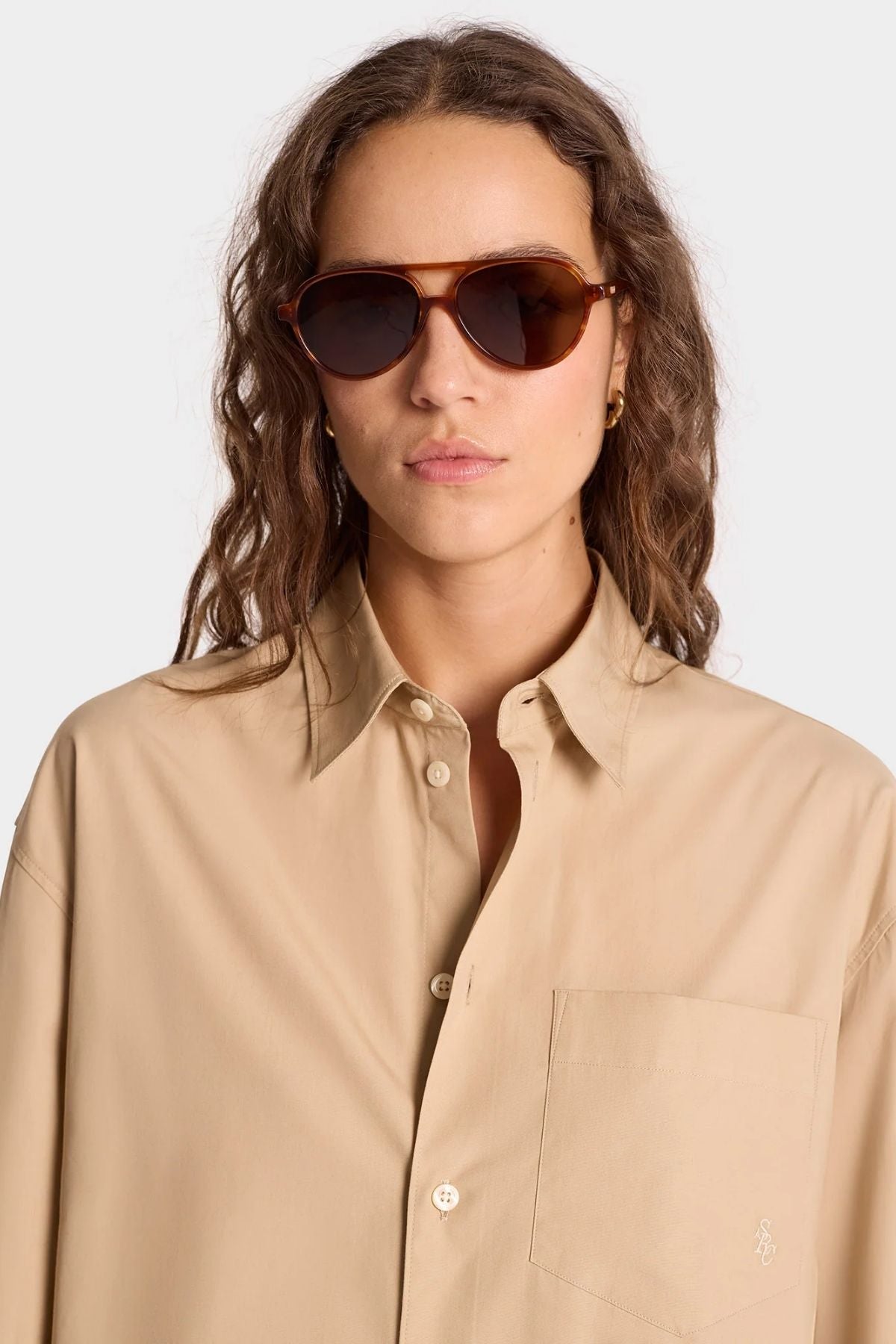 Sporty & Rich SRC Oversized Shirt - British Tan/ White