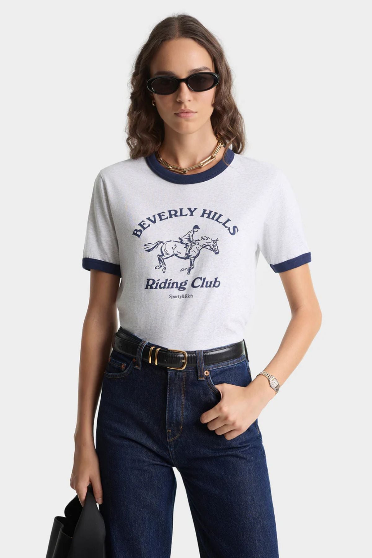 Sporty & Rich RH Riding Club Ringer Tee - Heather/ Navy