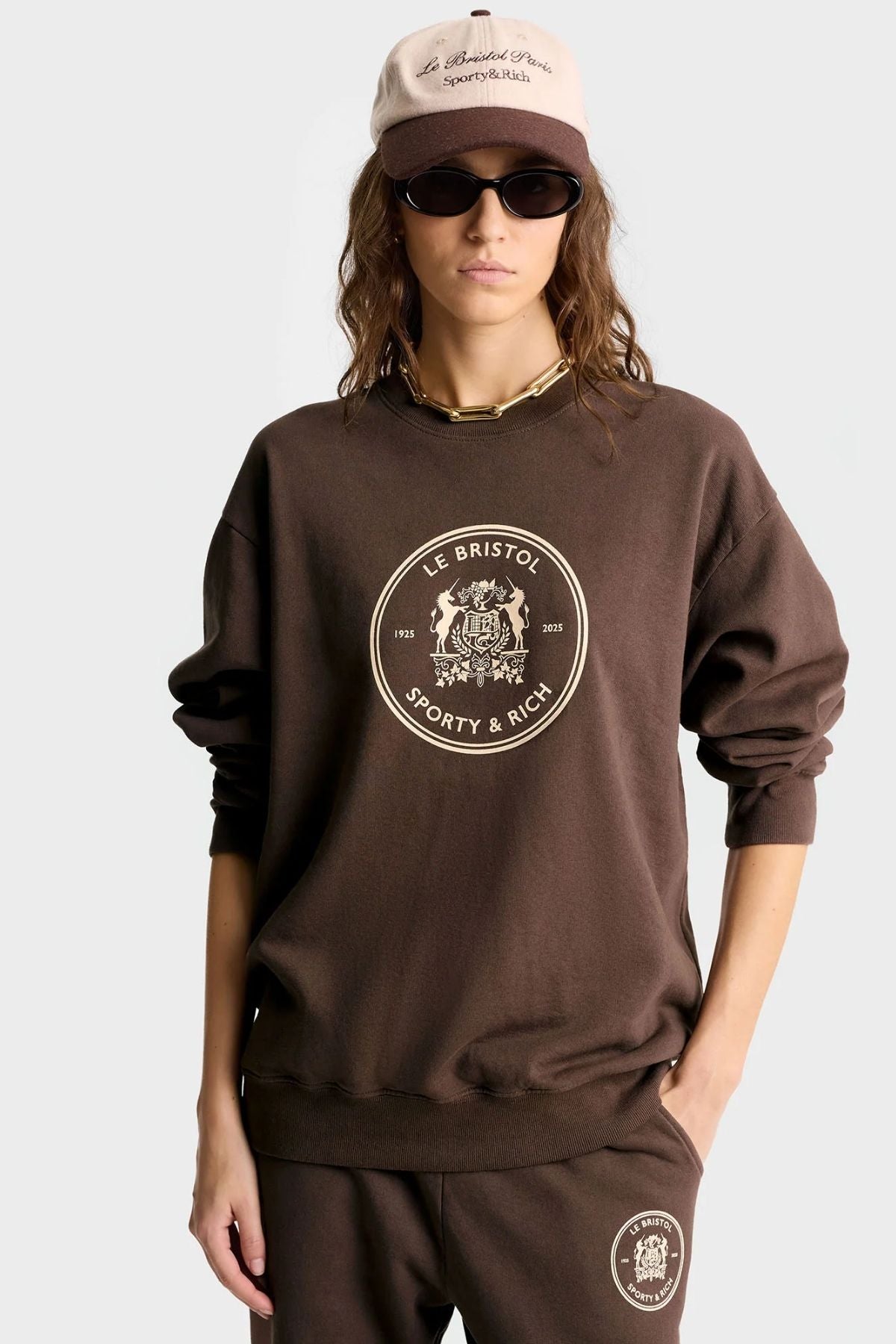 Sporty & Rich Bristol Crest 100th Sweatshirt - Chocolate/ Cream