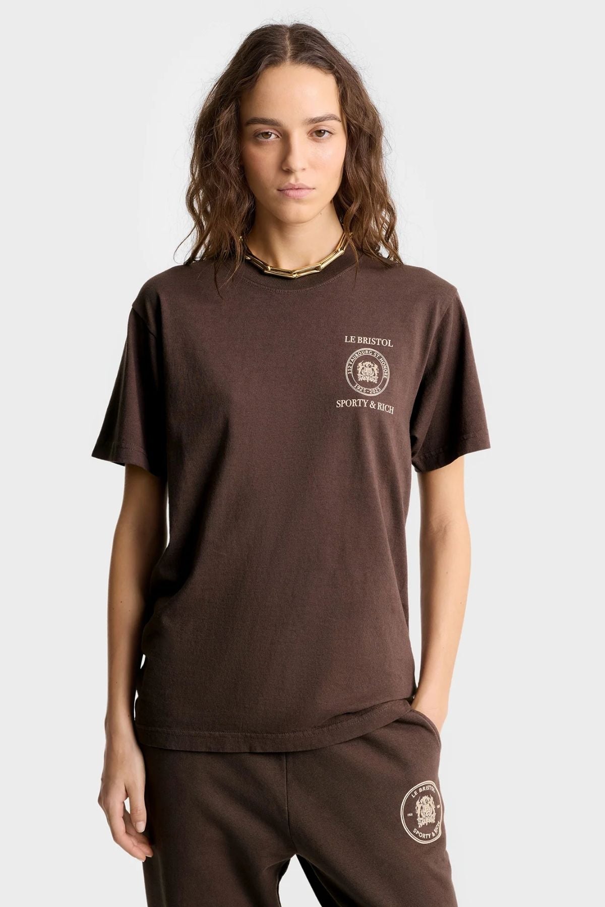 Sporty & Rich Crest Seal 100th T-Shirt - Chocolate/ Cream