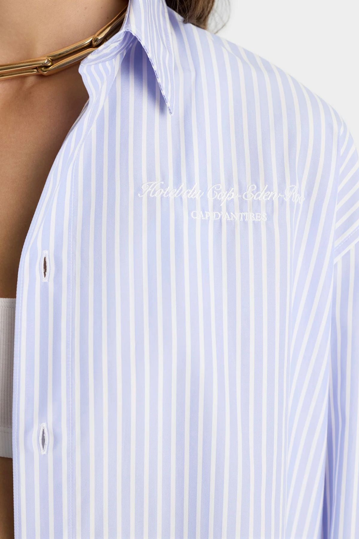 Sporty & Rich Eden Script Oversized Shirt - Blue/ White Stripe