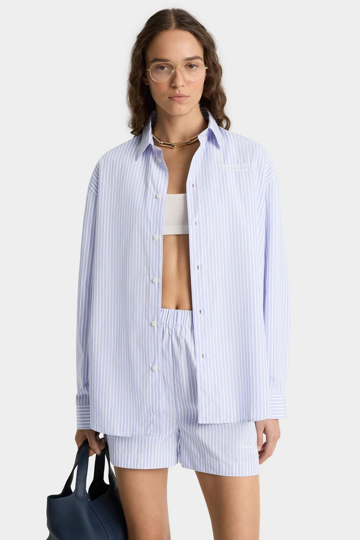 Sporty & Rich Eden Script Oversized Shirt - Blue/ White Stripe