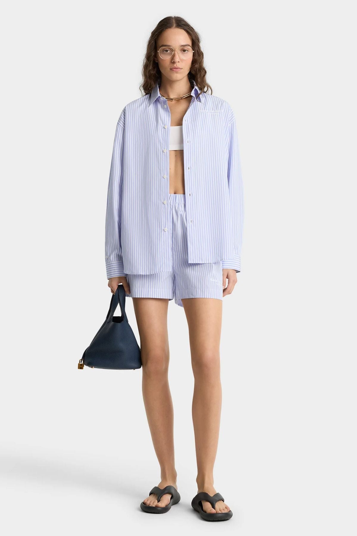 Sporty & Rich Eden Script Oversized Shirt - Blue/ White Stripe