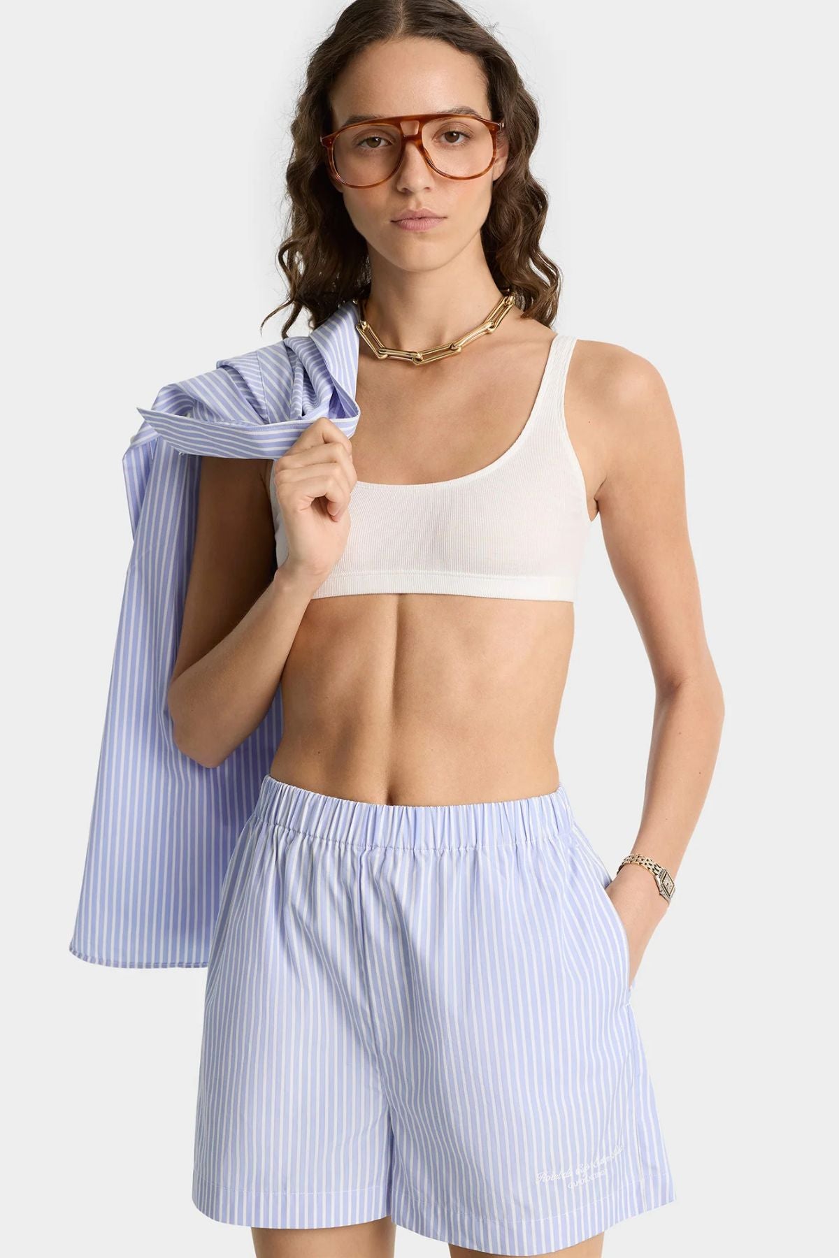 Sporty & Rich Eden Script Poplin Short - Blue/ White Stripe