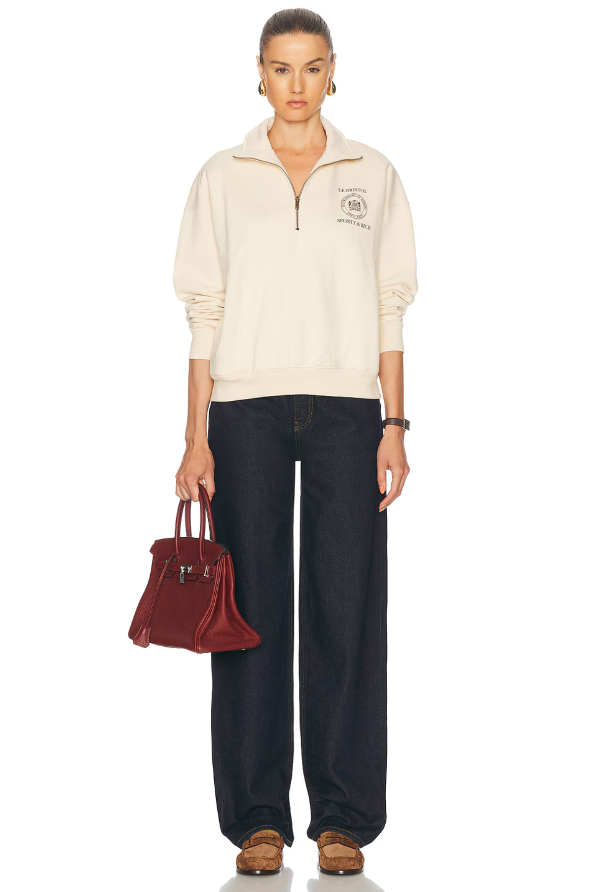 Sporty & Rich Faubourg Quarter Zip Sweatshirt - Cream/ Chocolate
