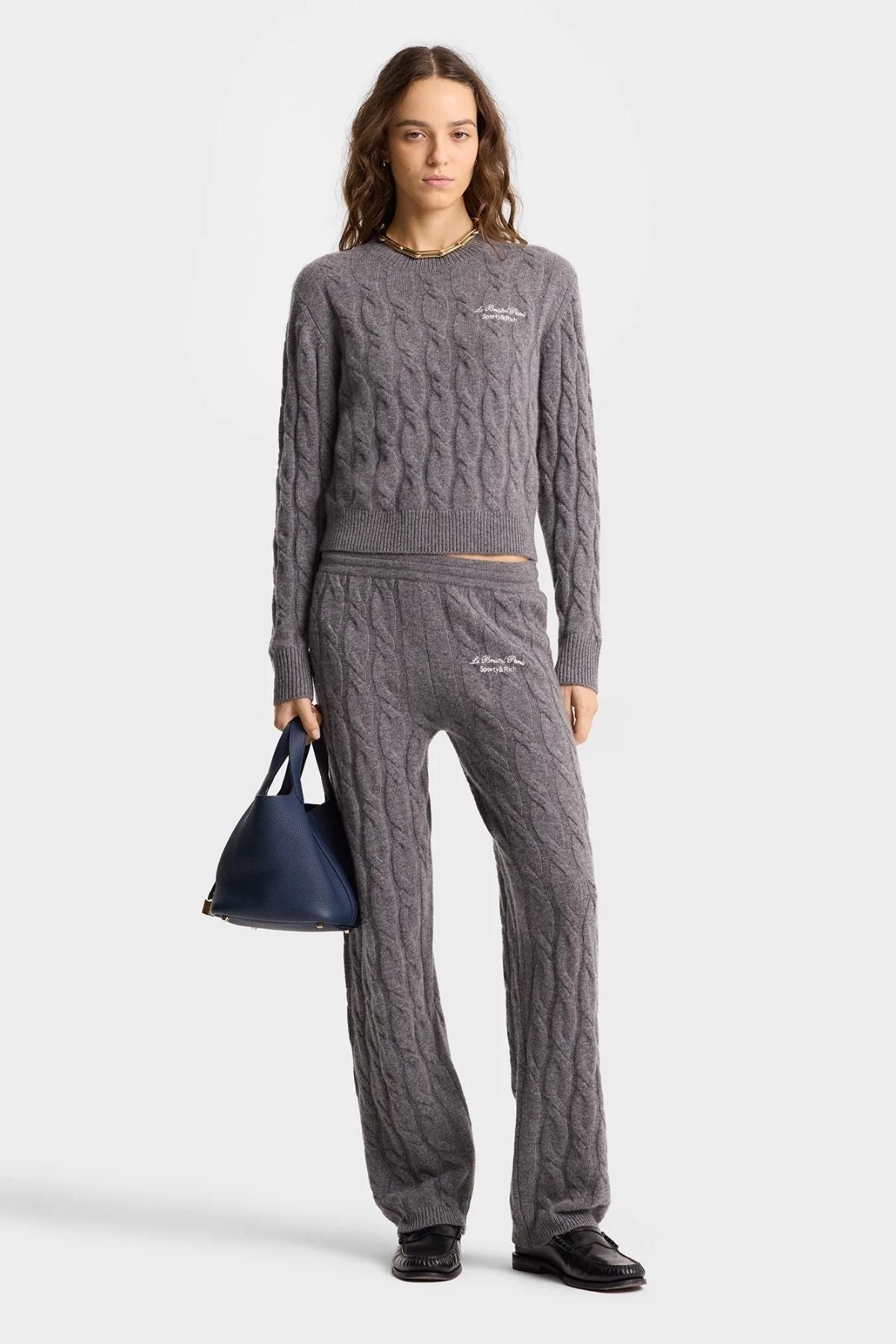 Sporty & Rich Faubourg Cashmere Pants - Dark Grey/ White