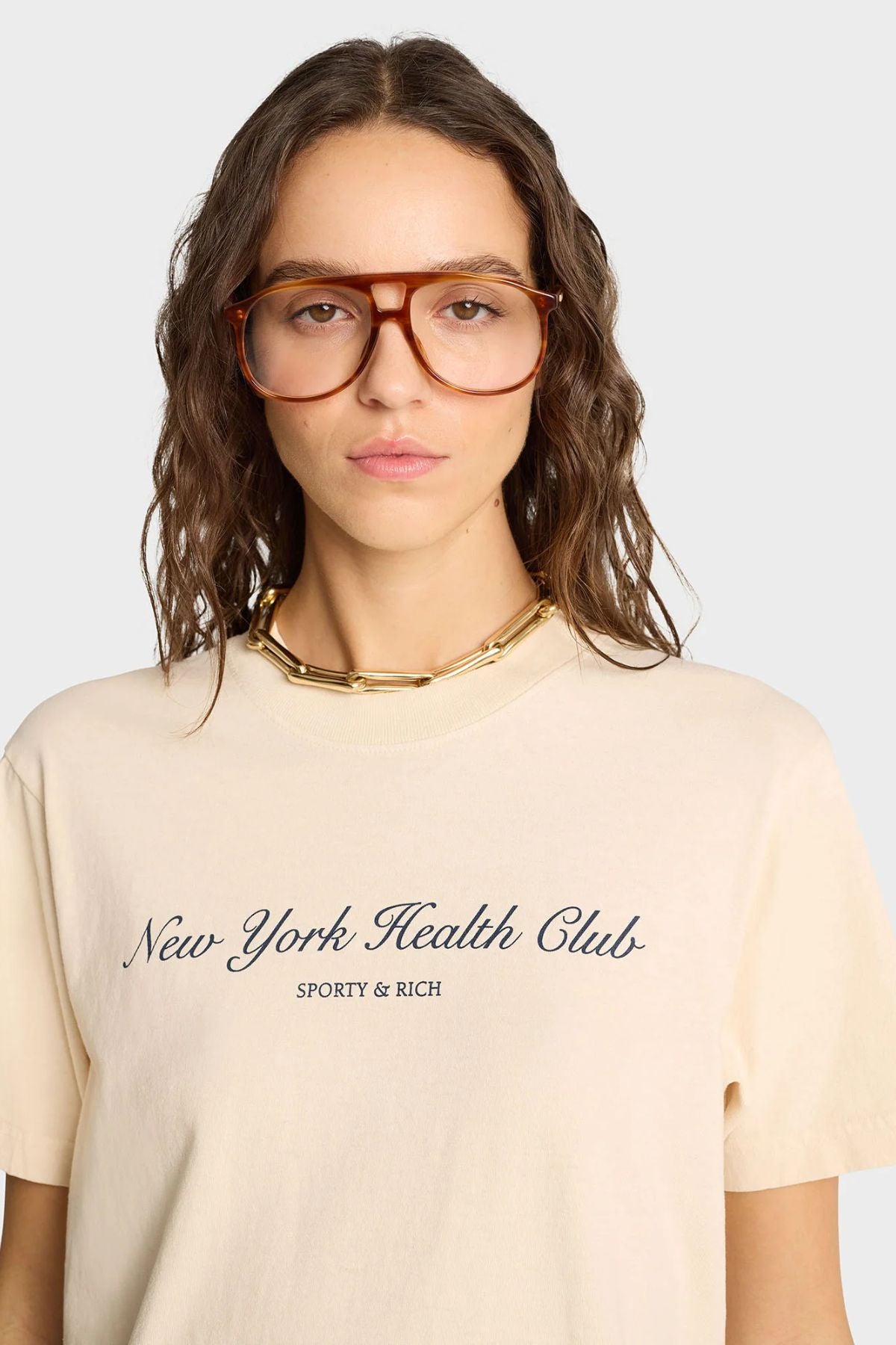 Sporty & Rich NY Health Club T-Shirt - Cream/ Navy