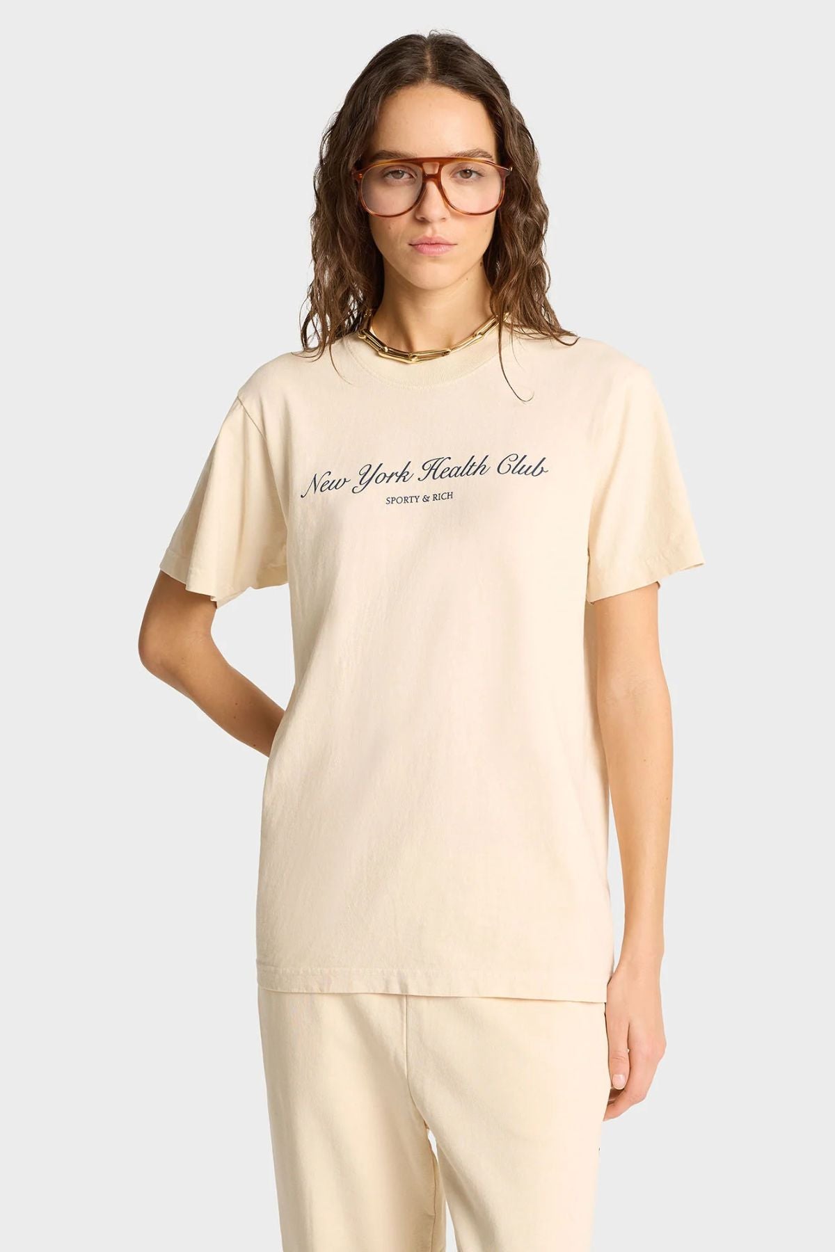 Sporty & Rich NY Health Club T-Shirt - Cream/ Navy