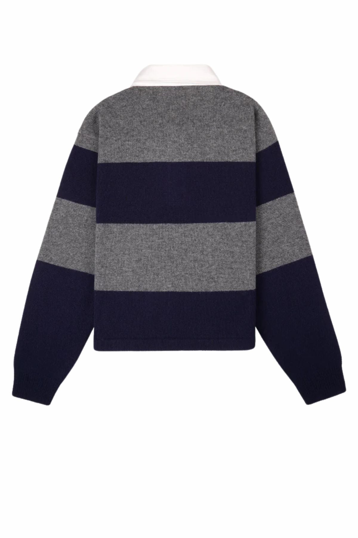 Sporty & Rich Serif Logo Cashmere Rugby Polo - Heather/ Navy/ Ecru