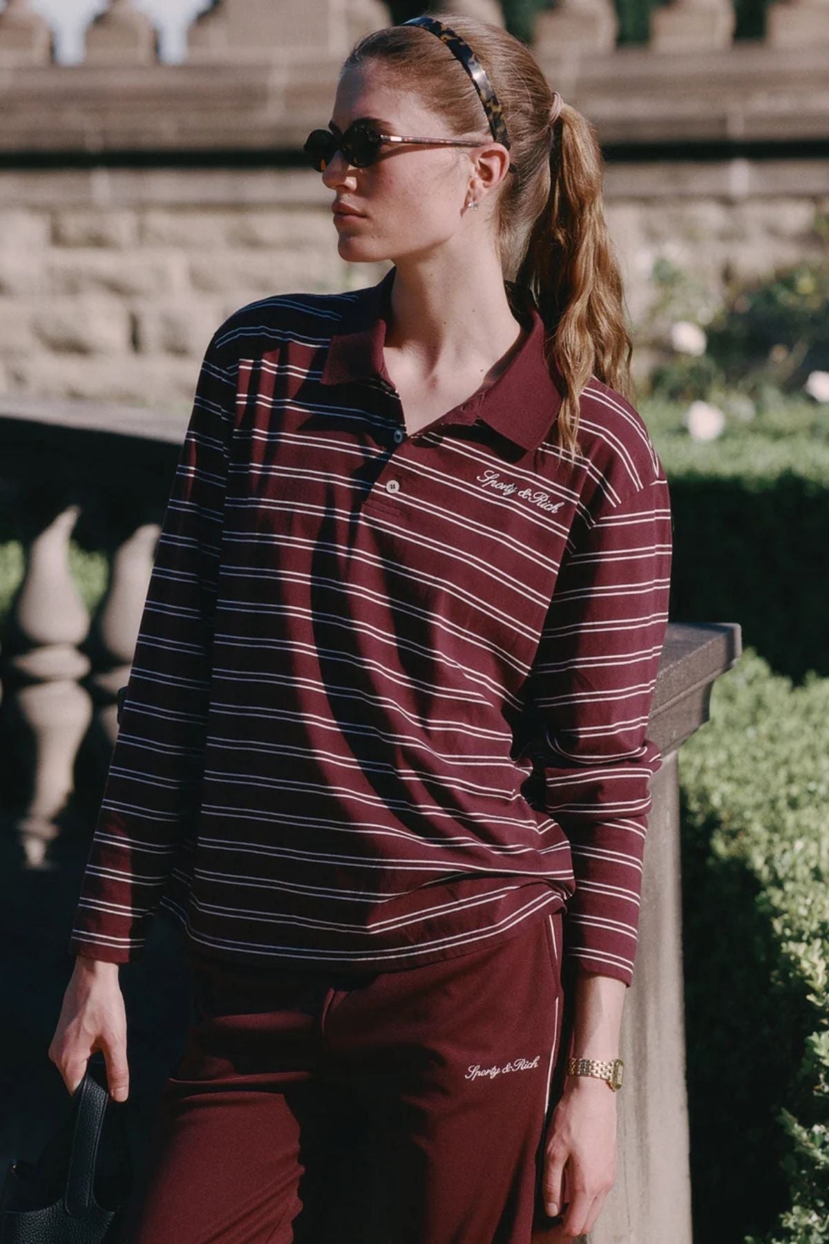 Sporty & Rich Signature Logo Easy LS Polo - Bordeaux/ White