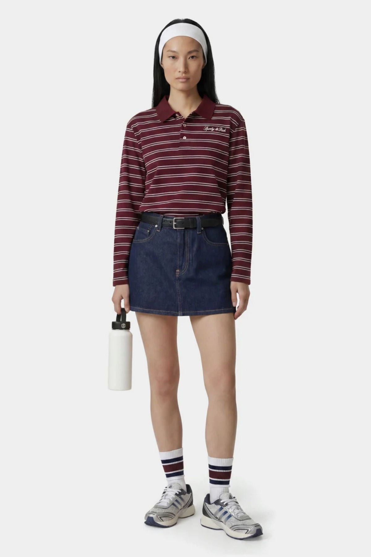 Sporty & Rich Signature Logo Easy LS Polo - Bordeaux/ White