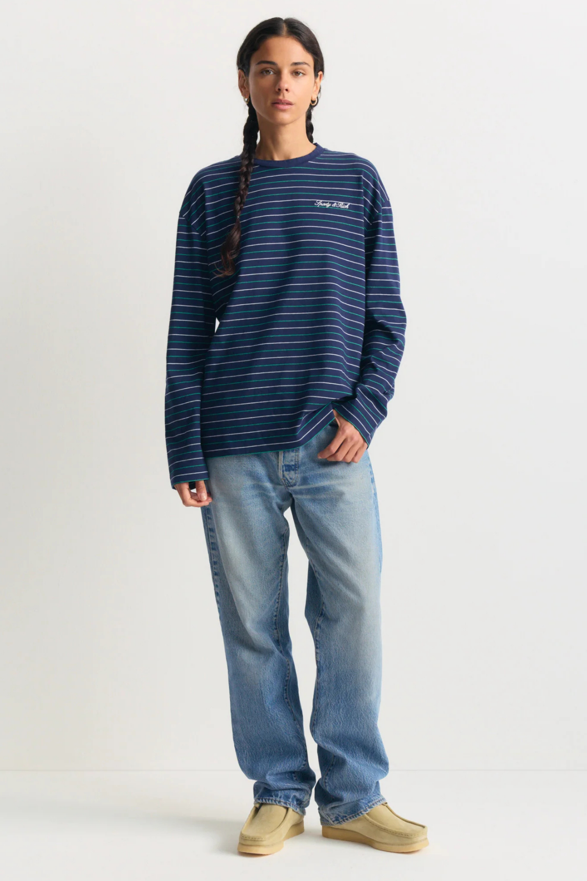 Sporty & Rich Signature Logo Easy LS Top - Dark Navy/ Kelly/ White