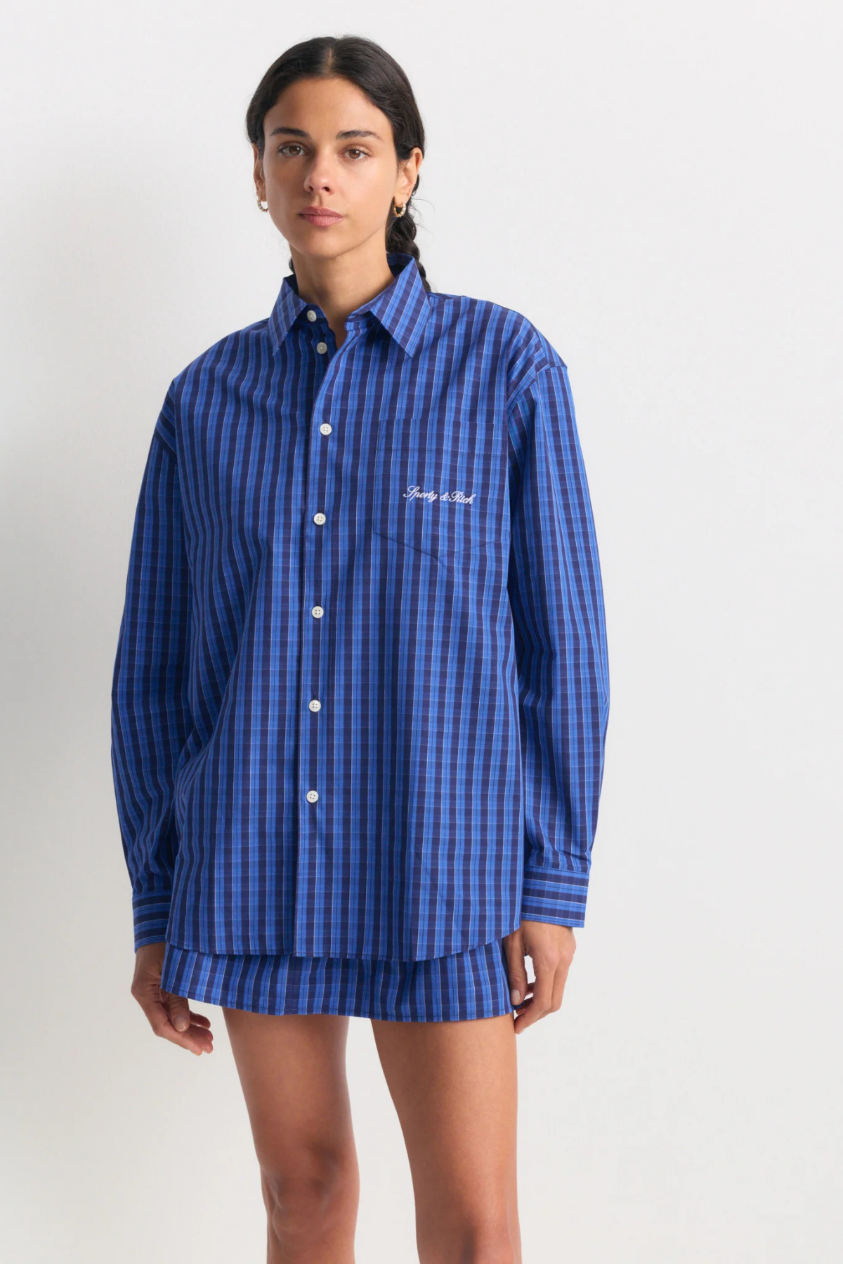 Sporty & Rich Signature Logo Oversized Shirt - Blue Check