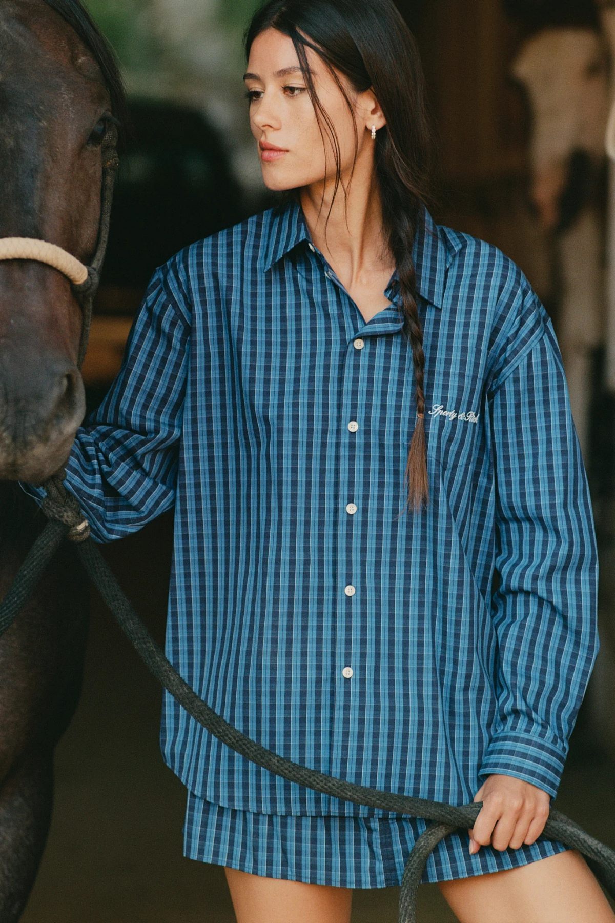 Sporty & Rich Signature Logo Oversized Shirt - Blue Check