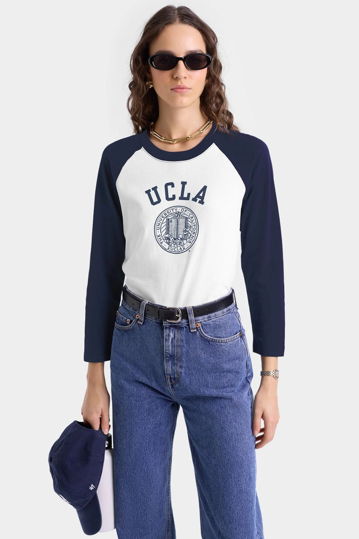 Sporty & Rich UCLA Crest Baseball T-Shirt - White/ Dark Navy