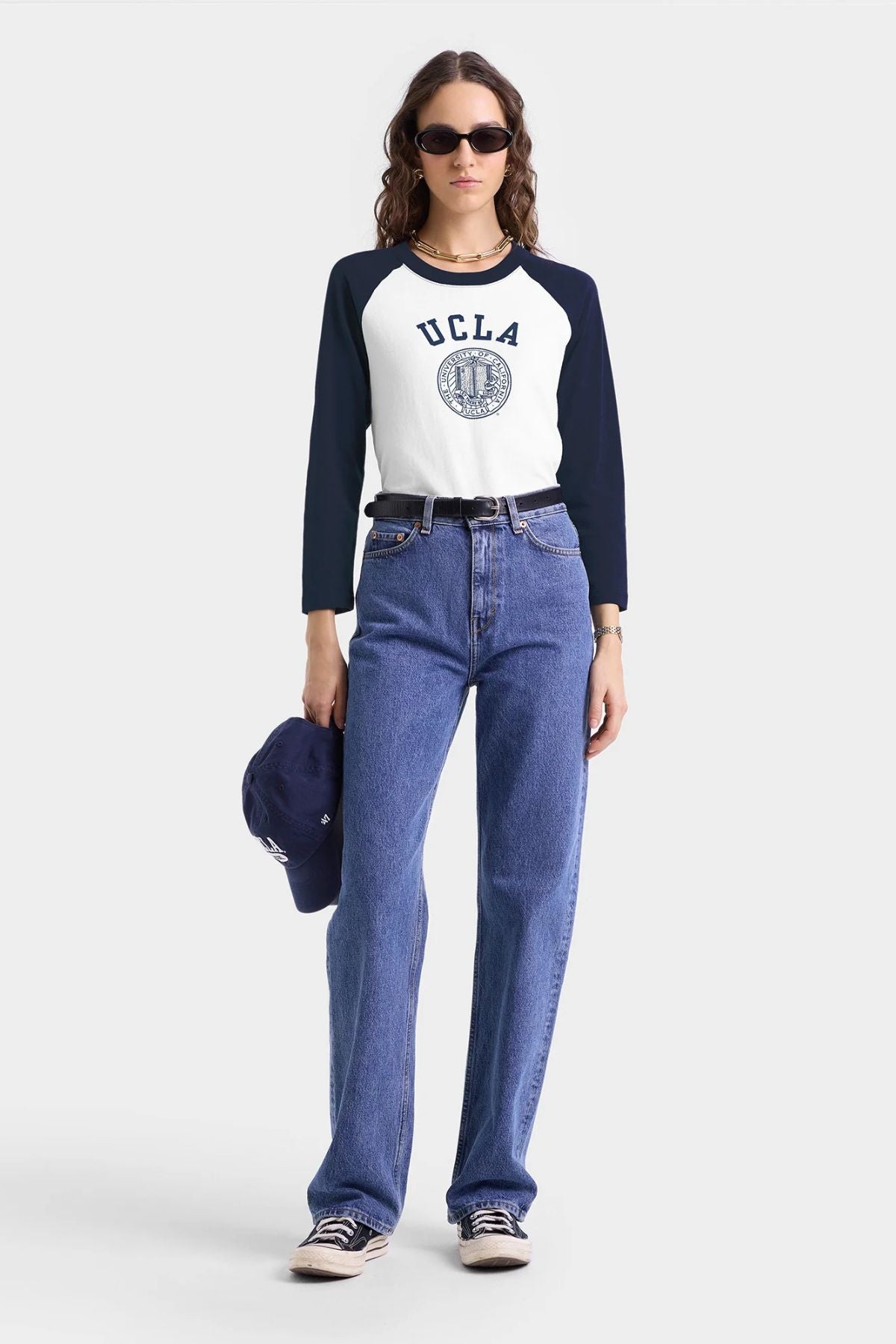 Sporty & Rich UCLA Crest Baseball T-Shirt - White/ Dark Navy