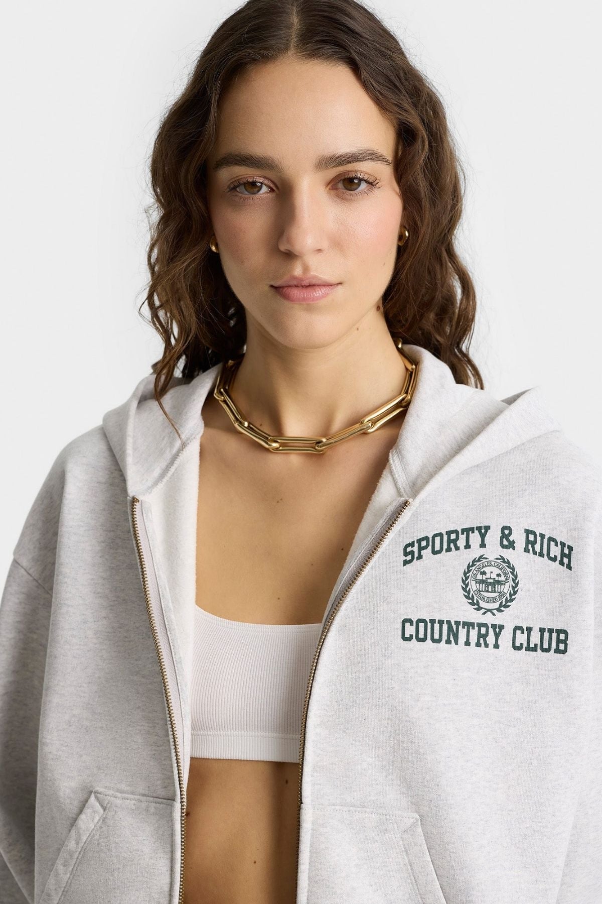 Sporty & Rich Varsity Crest Cropped Zip Hoodie - Heather Grey