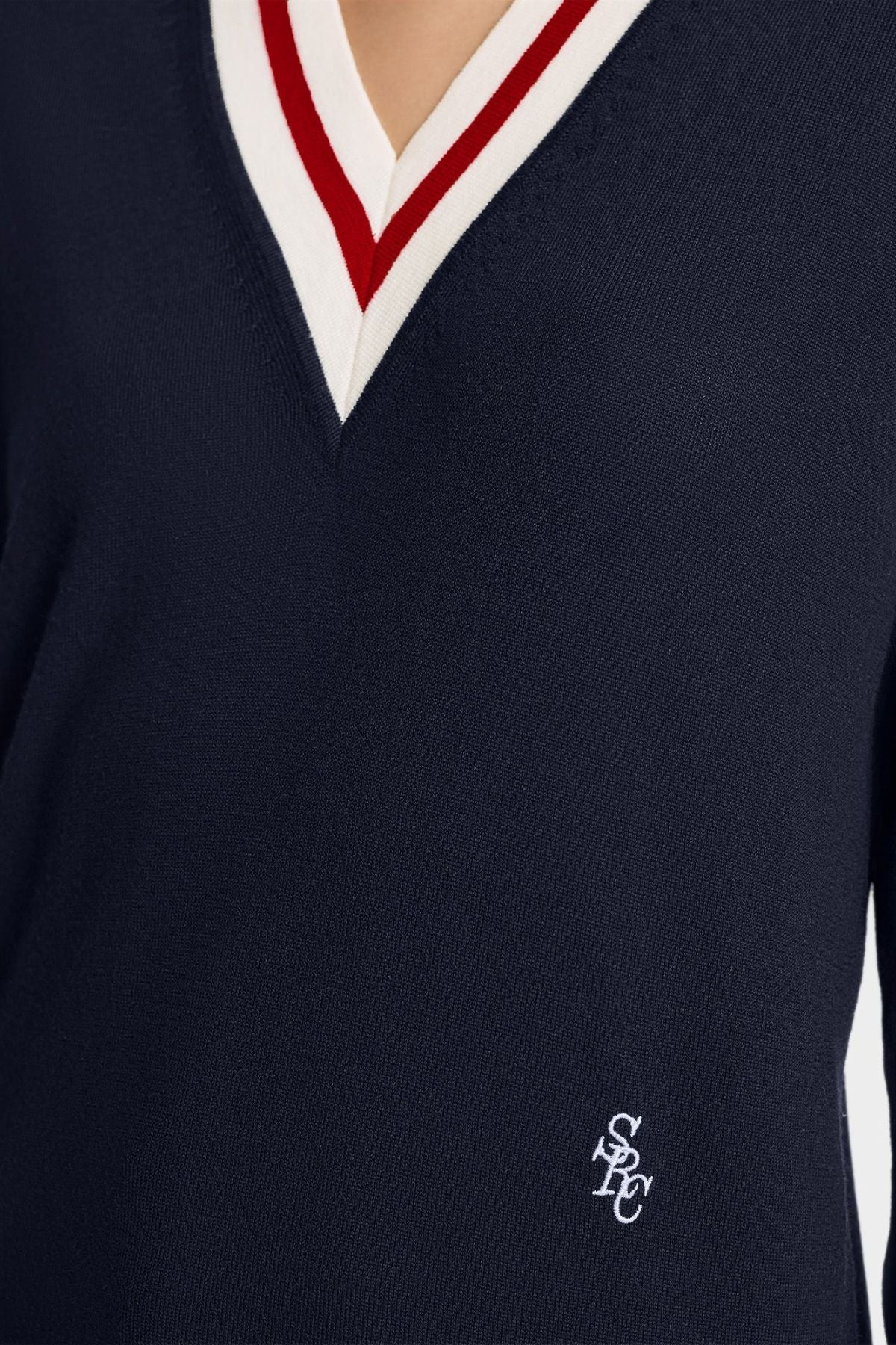 Sporty & Rich V-Neck Sweater - Dark Navy/ Ecru/ Ruby