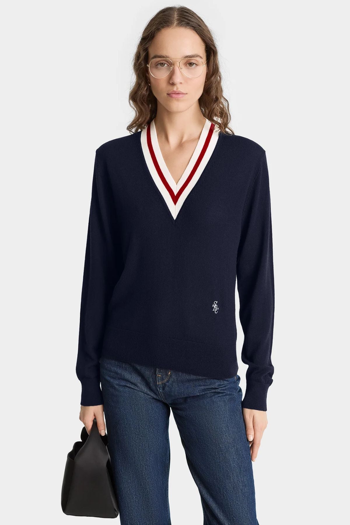 Sporty & Rich V-Neck Sweater - Dark Navy/ Ecru/ Ruby