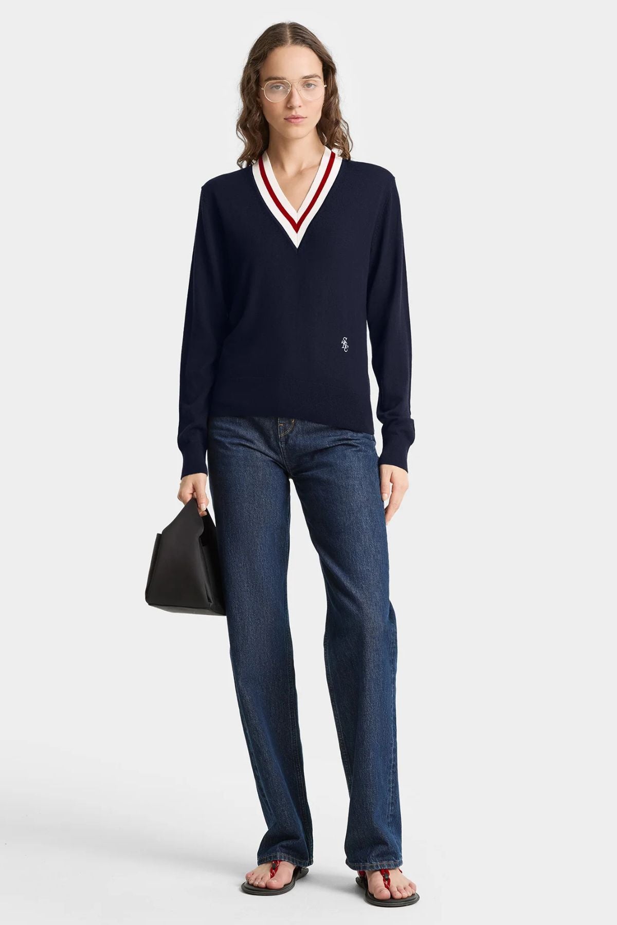 Sporty & Rich V-Neck Sweater - Dark Navy/ Ecru/ Ruby