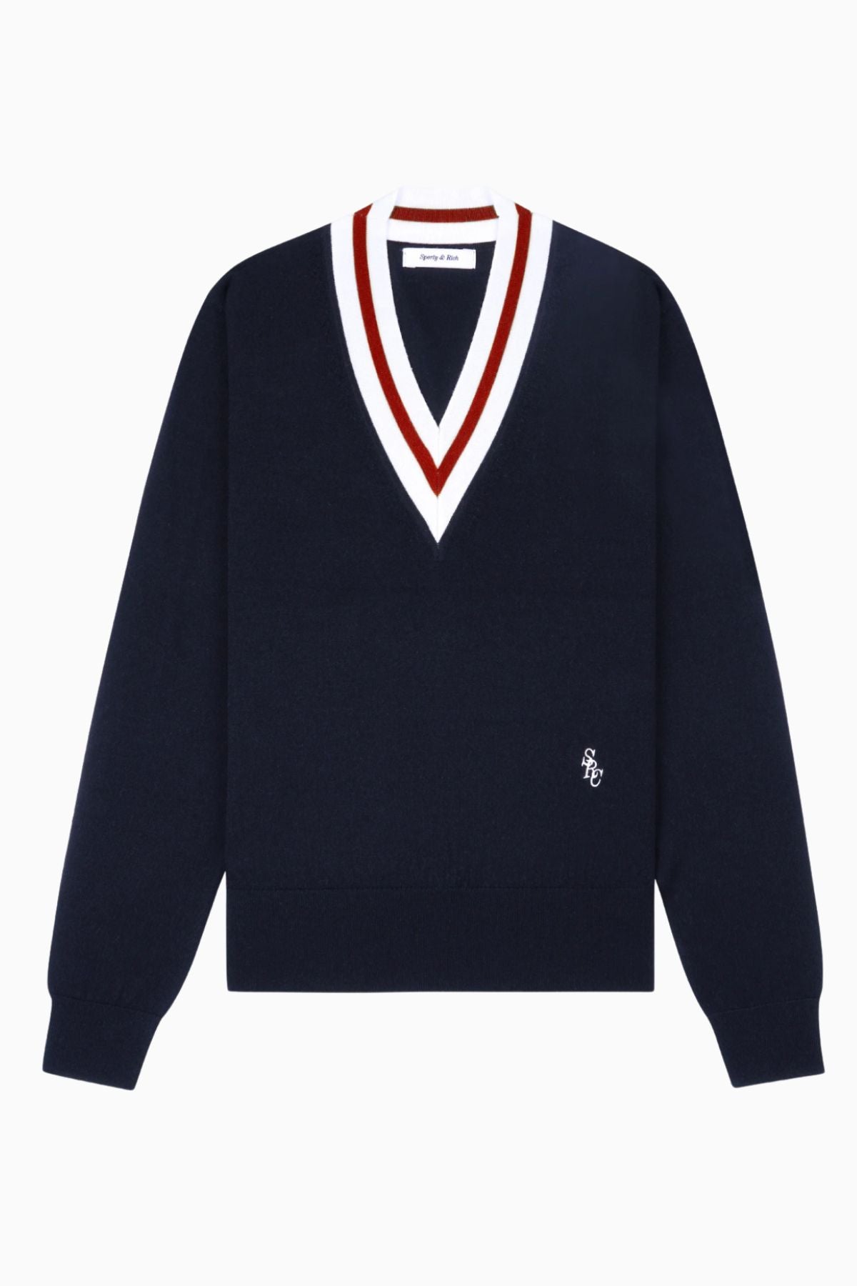 Sporty & Rich V-Neck Sweater - Dark Navy/ Ecru/ Ruby