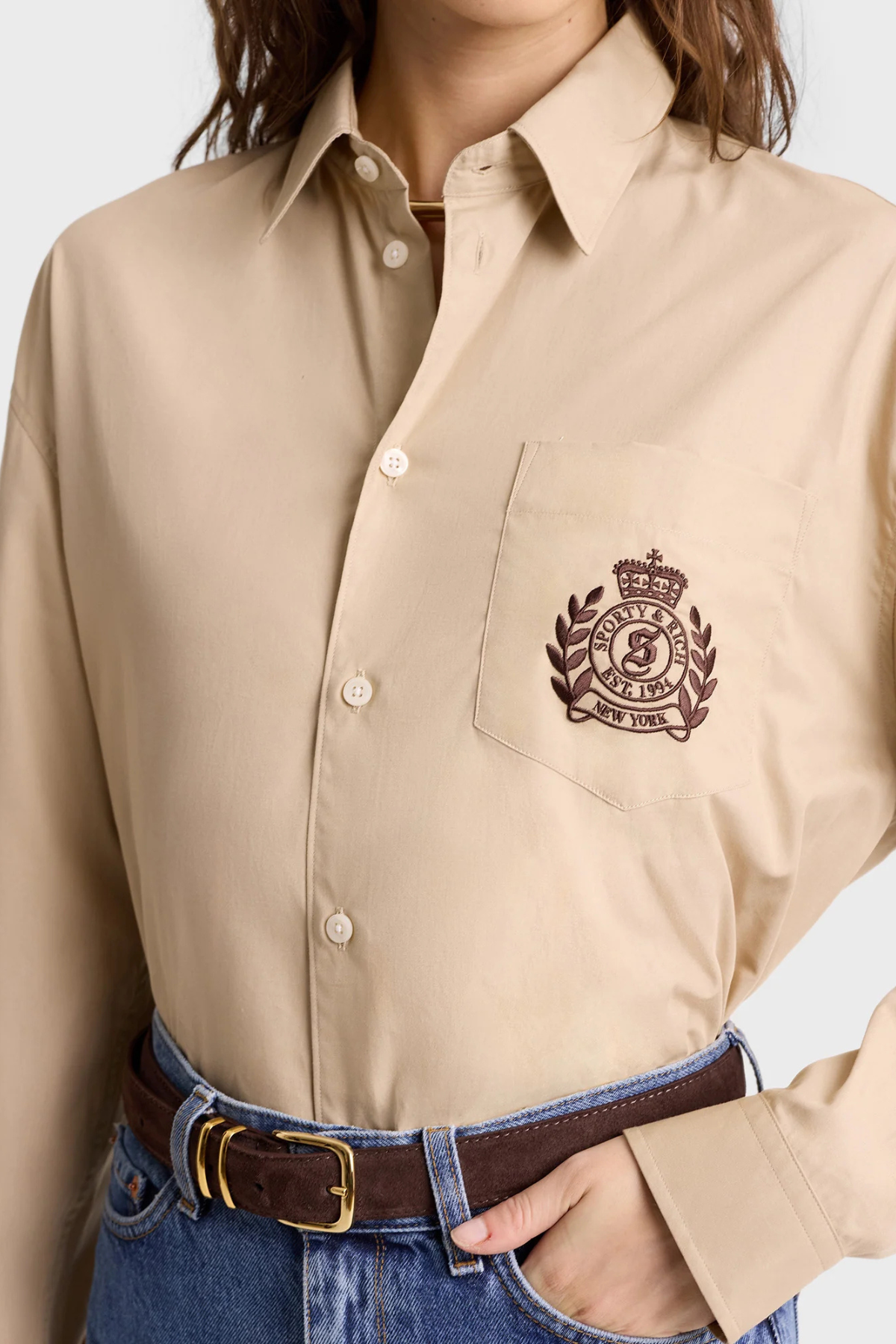 Sporty & Rich H&W Crest Oversized Shirt - Light tan
