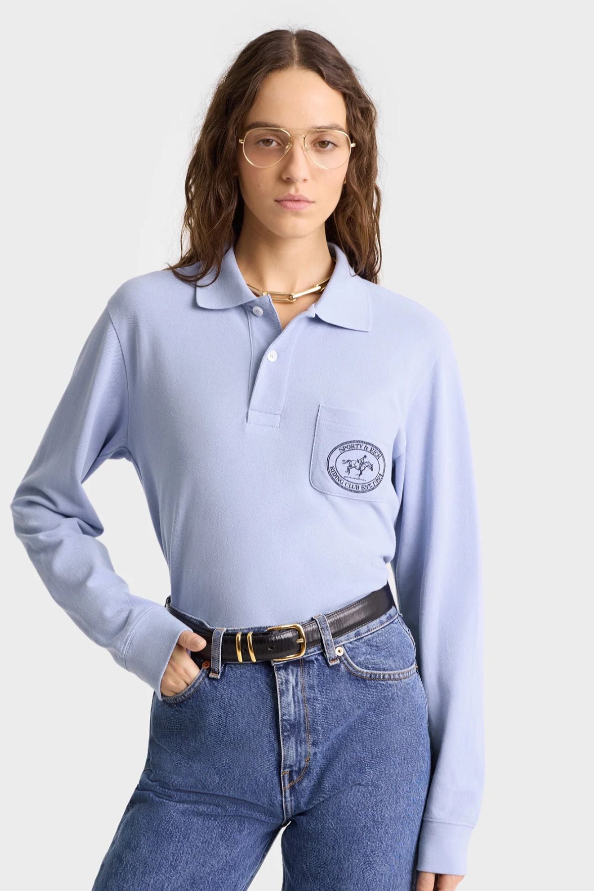 Sporty & Rich Riding Club Longsleeve Pique Polo - Washed Hydrangea