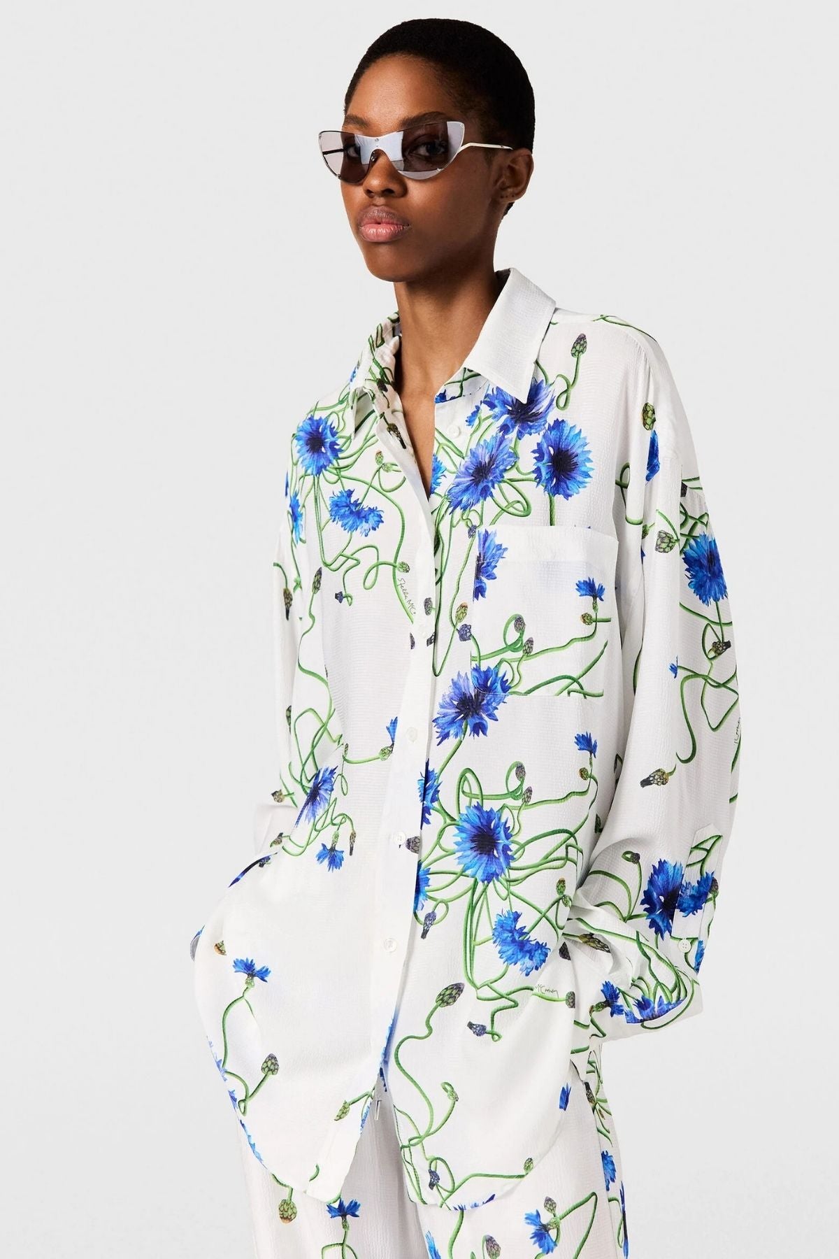 Stella McCartney Floral Print Hammered Overshirt - Cornflower