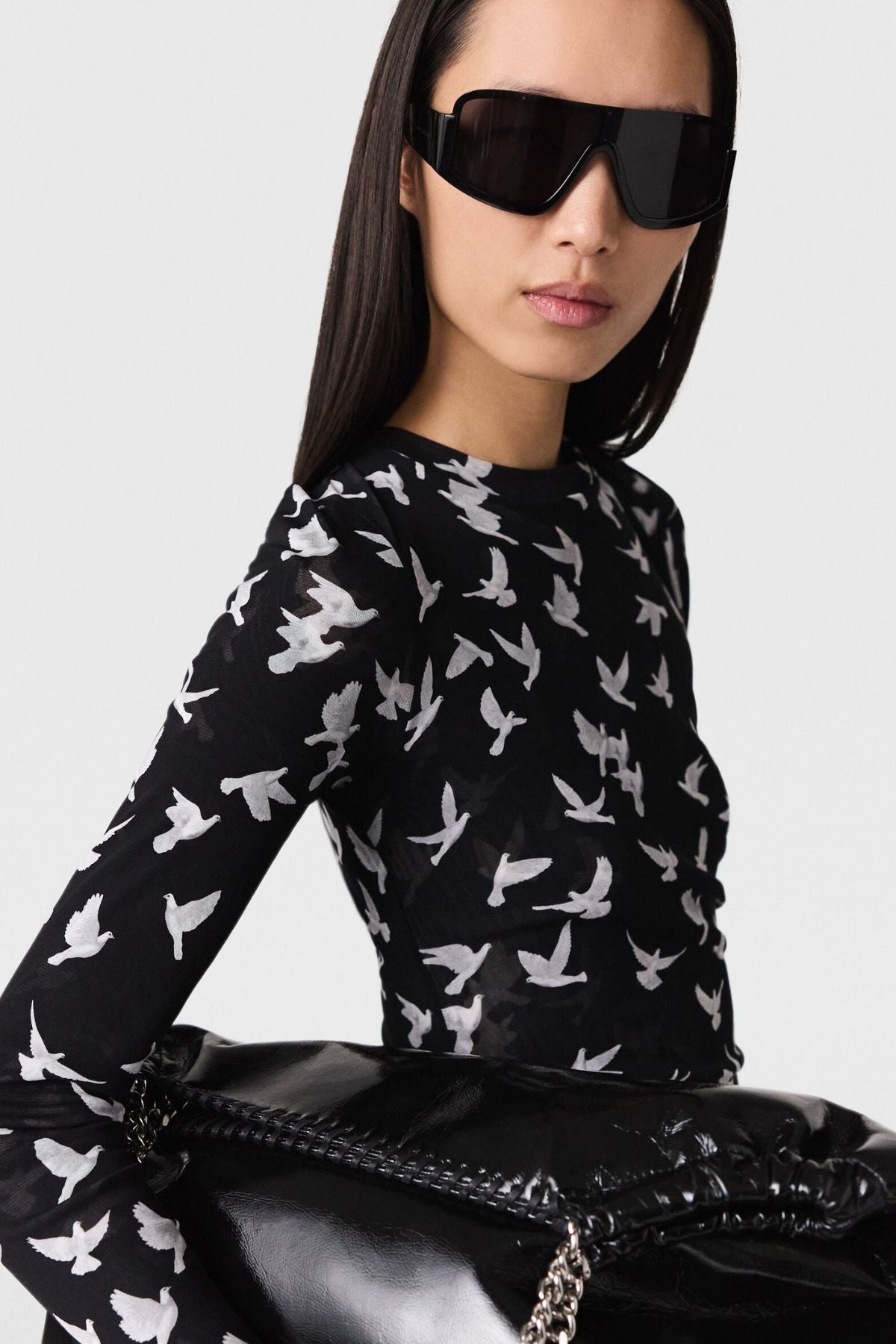 Stella McCartney Mesh Flying Bird Haze Long Sleeve Dress - Black