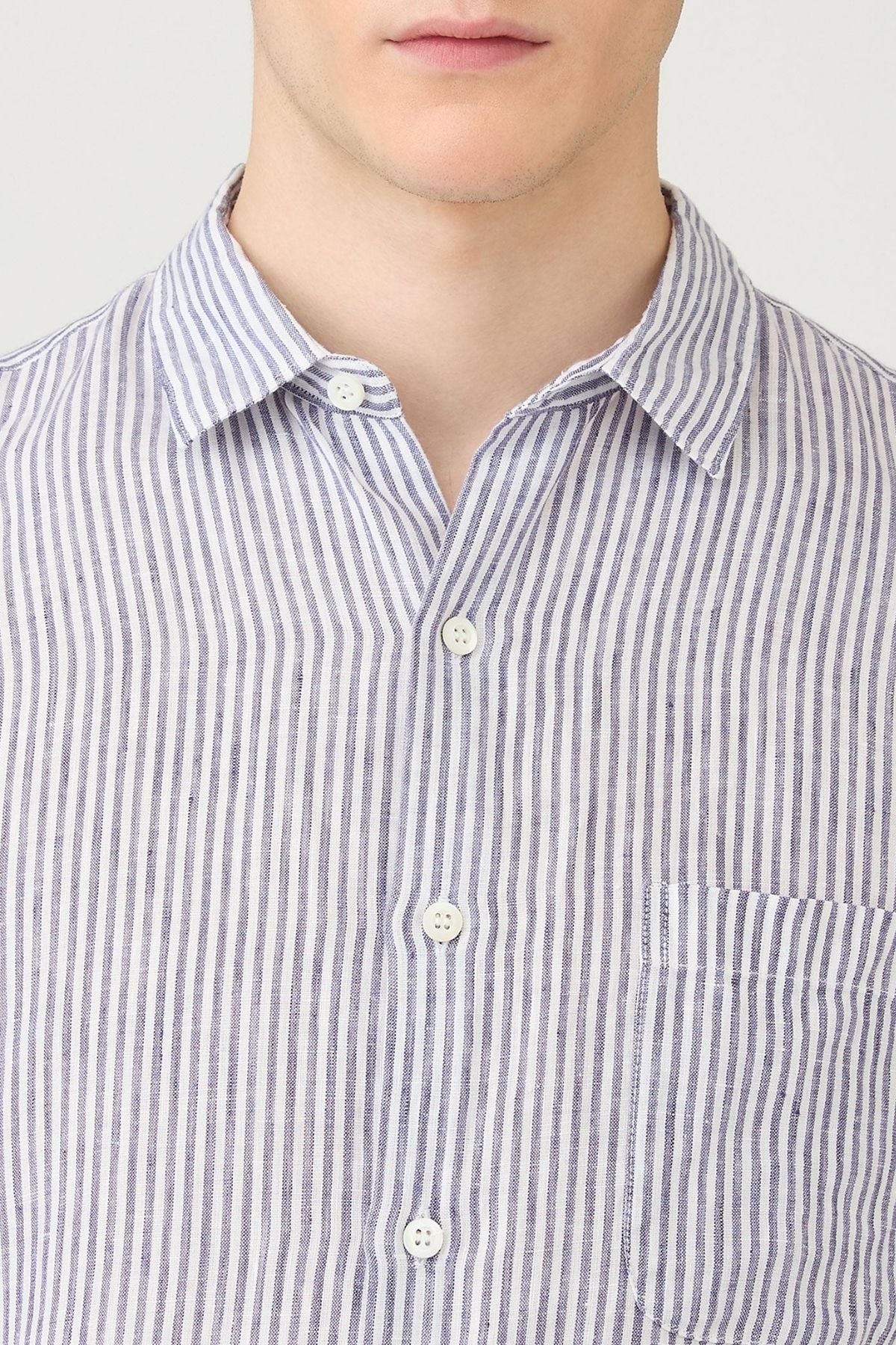 SUNSPEL SS Linen Shirt - White/ Navy Stripe