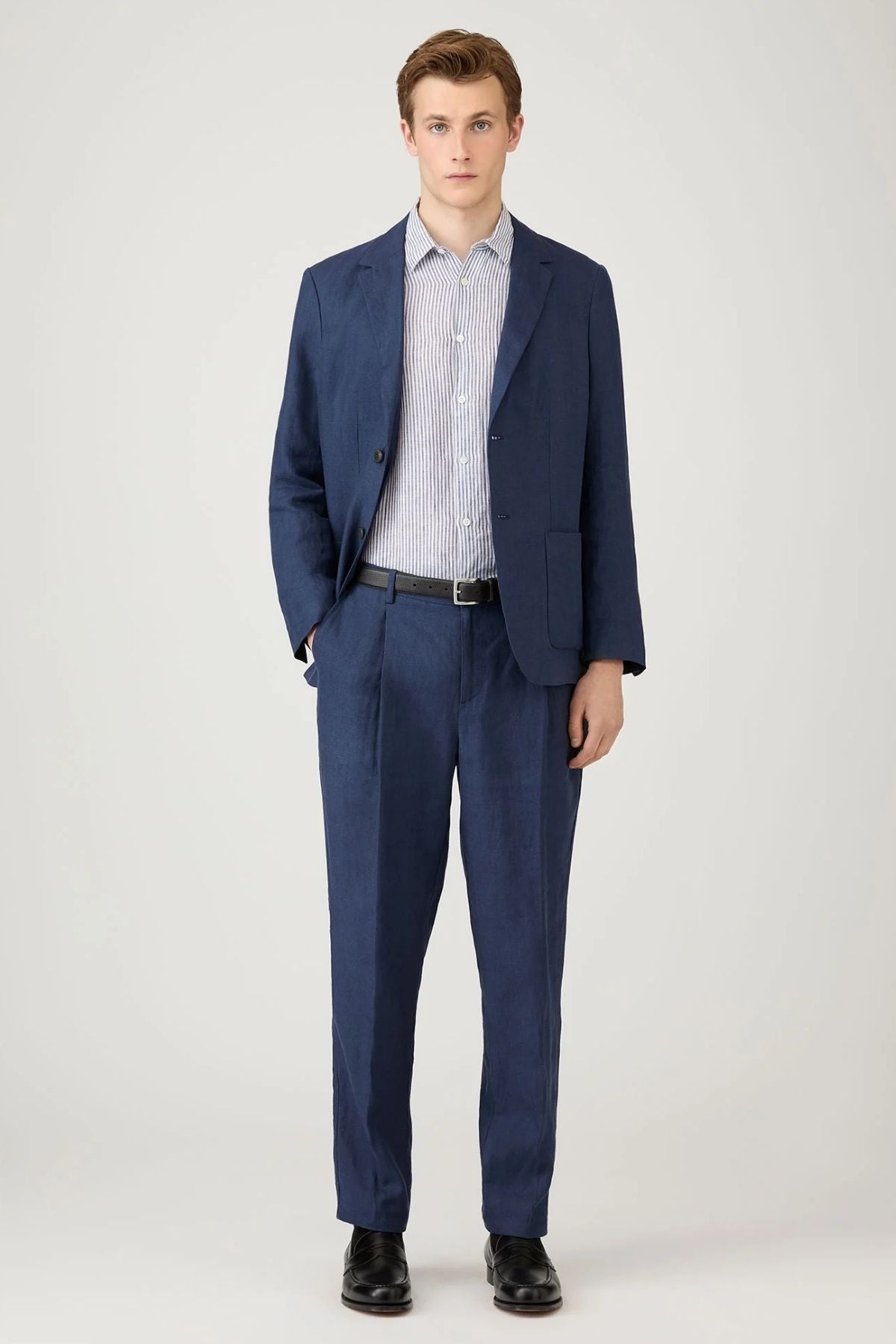 Sunspel LS Linen Shirt - White/ Navy Stripe
