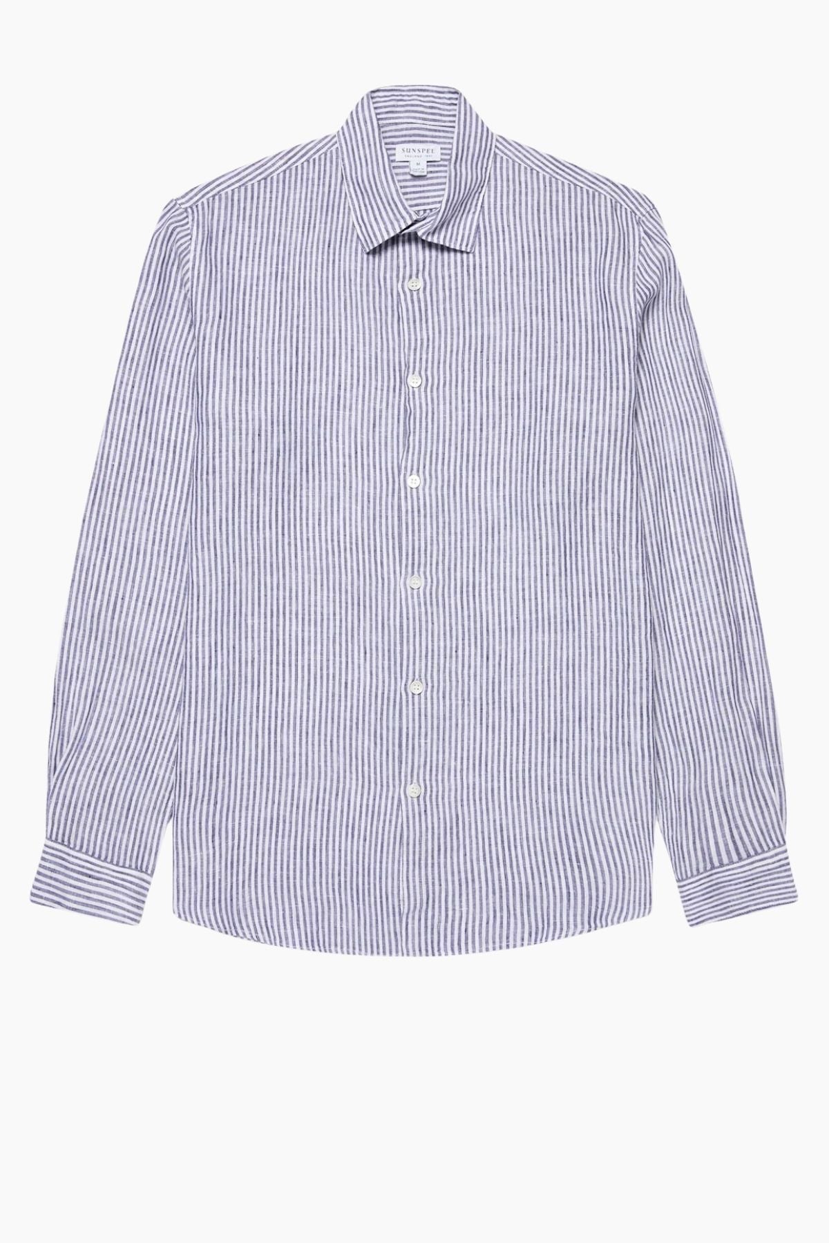 Sunspel LS Linen Shirt - White/ Navy Stripe