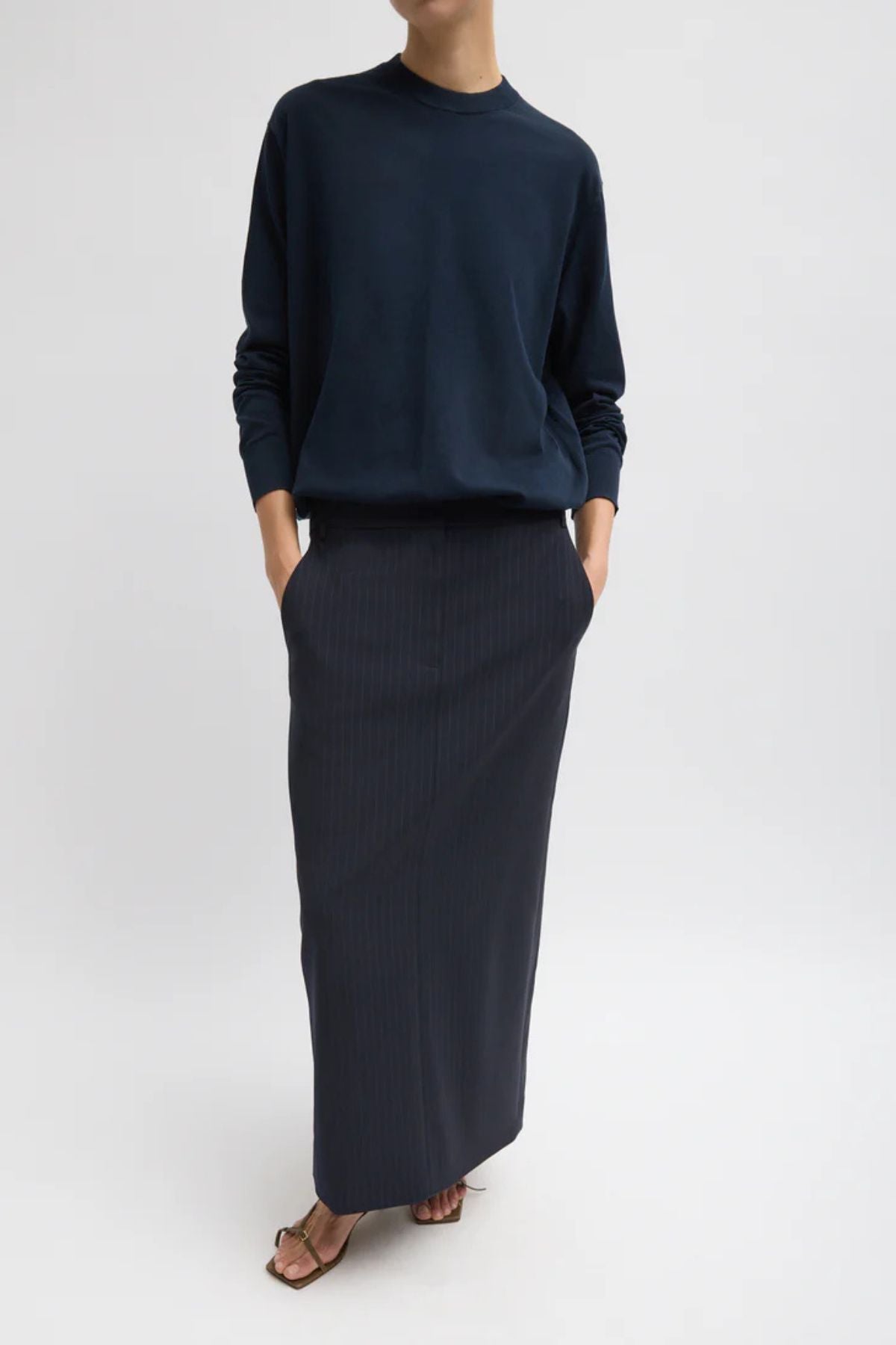 Tibi Dominic Pinstripe Long Trouser Skirt - Navy Multi